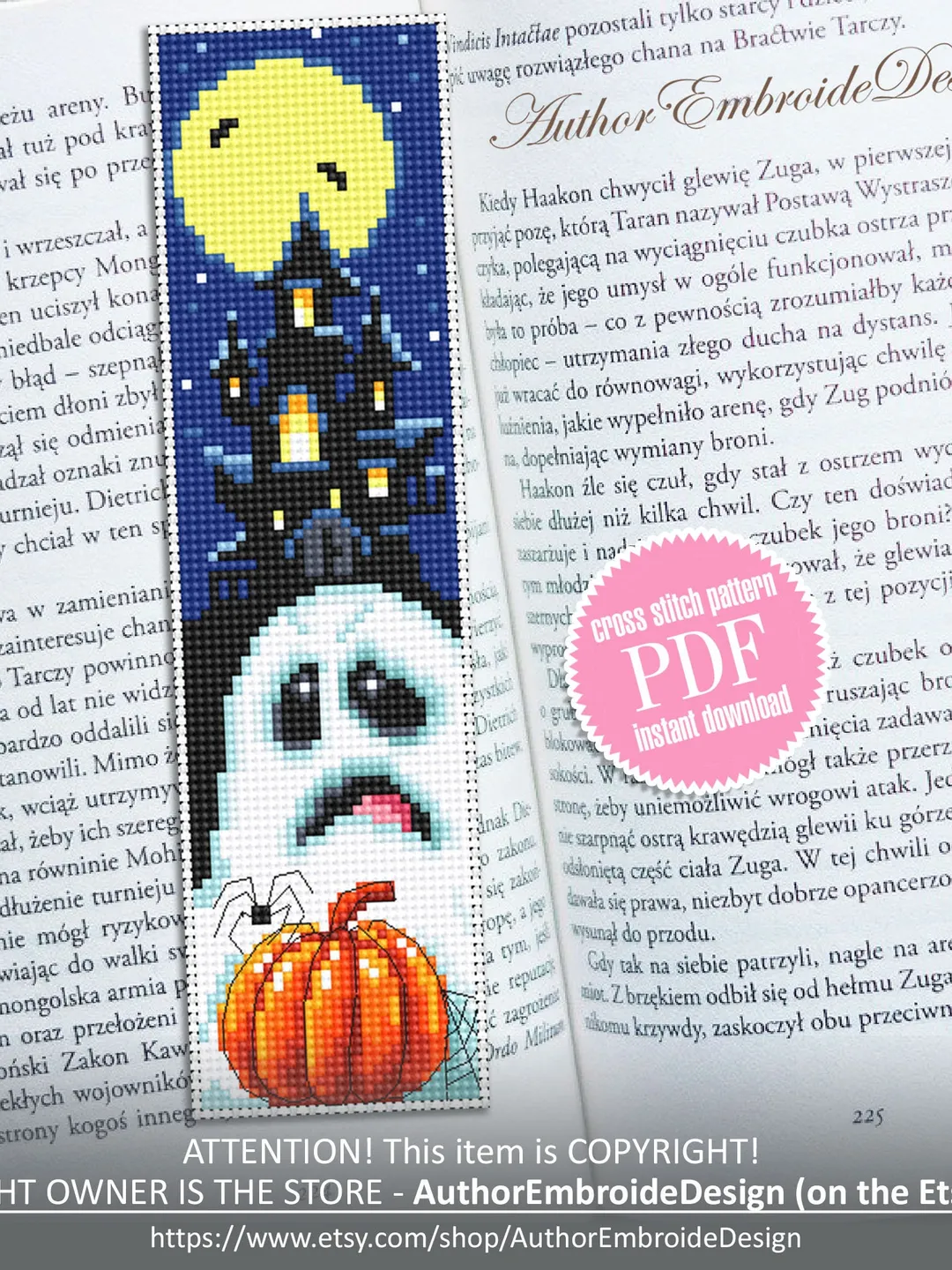 Halloween bookmark cross stitch pattern PDF download Halloween pumpkin cross stitch chart, Bookmark pattern digital, Book accessories #B337
