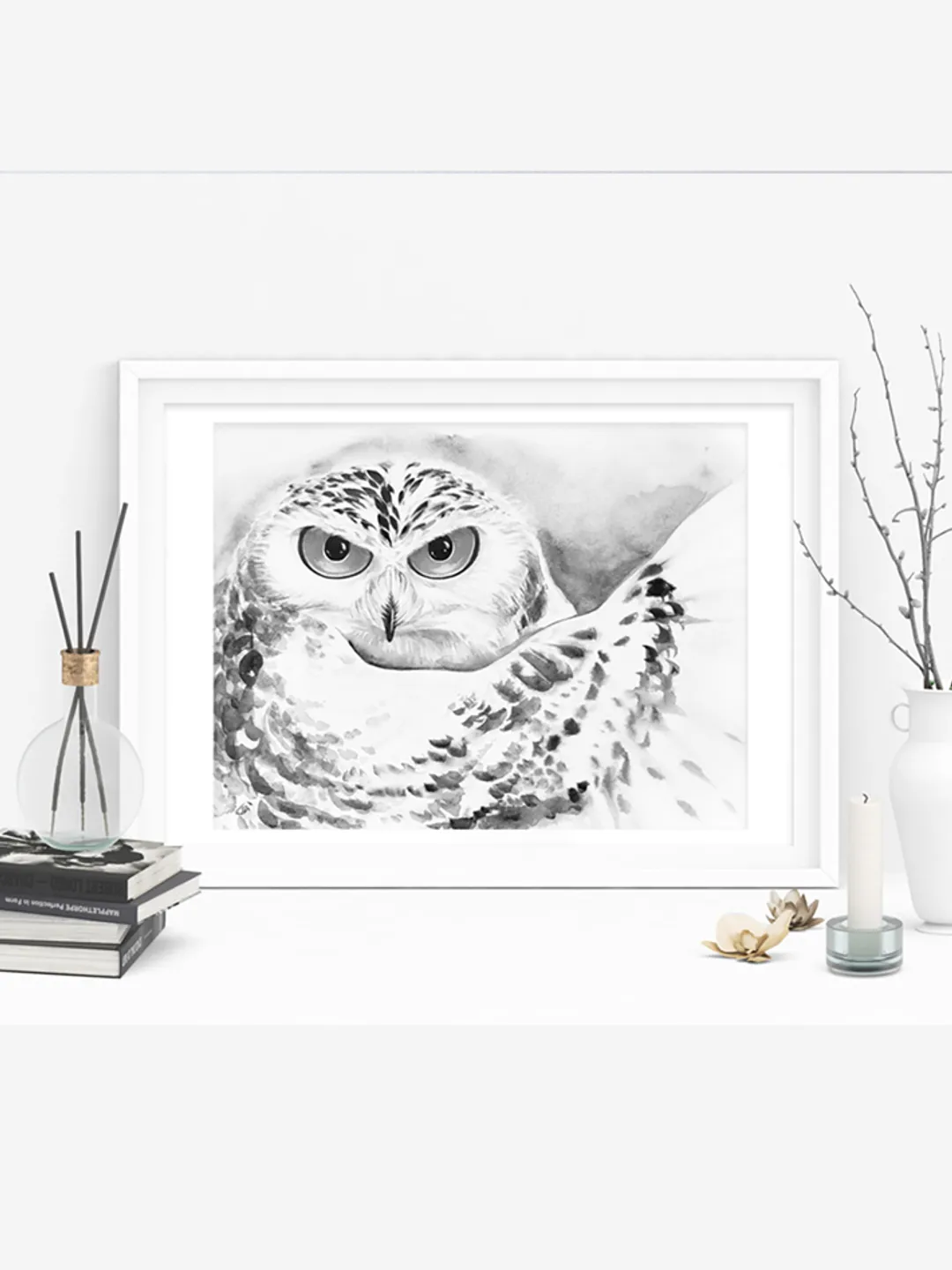 White Owl Art Print, Printable Black&White Download, Watercolor Print, Wild Animal, Wall Decor, Prints Wall Art, Nature Eco