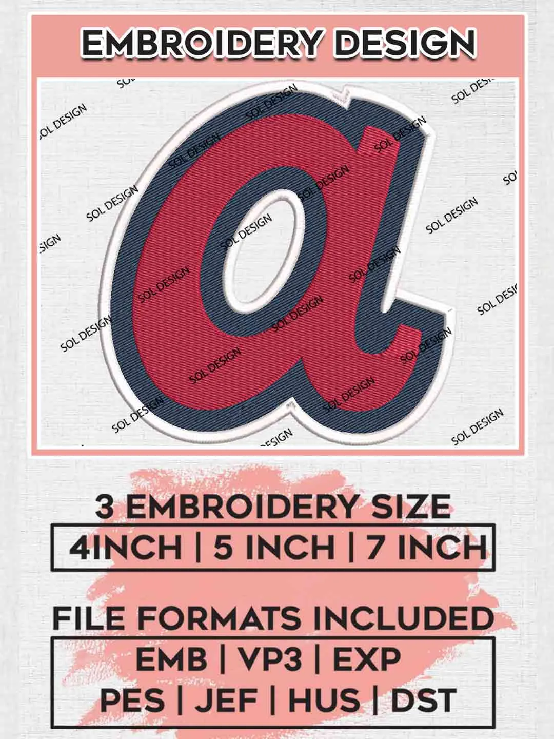 MLB Atlanta Braves Letter Logo Embroidery Files, MLB Atlanta Braves Team Embroidery, MLB Teams, 3 sizes, MLB Braves Baseball Machine embroidery designs, Digital Download