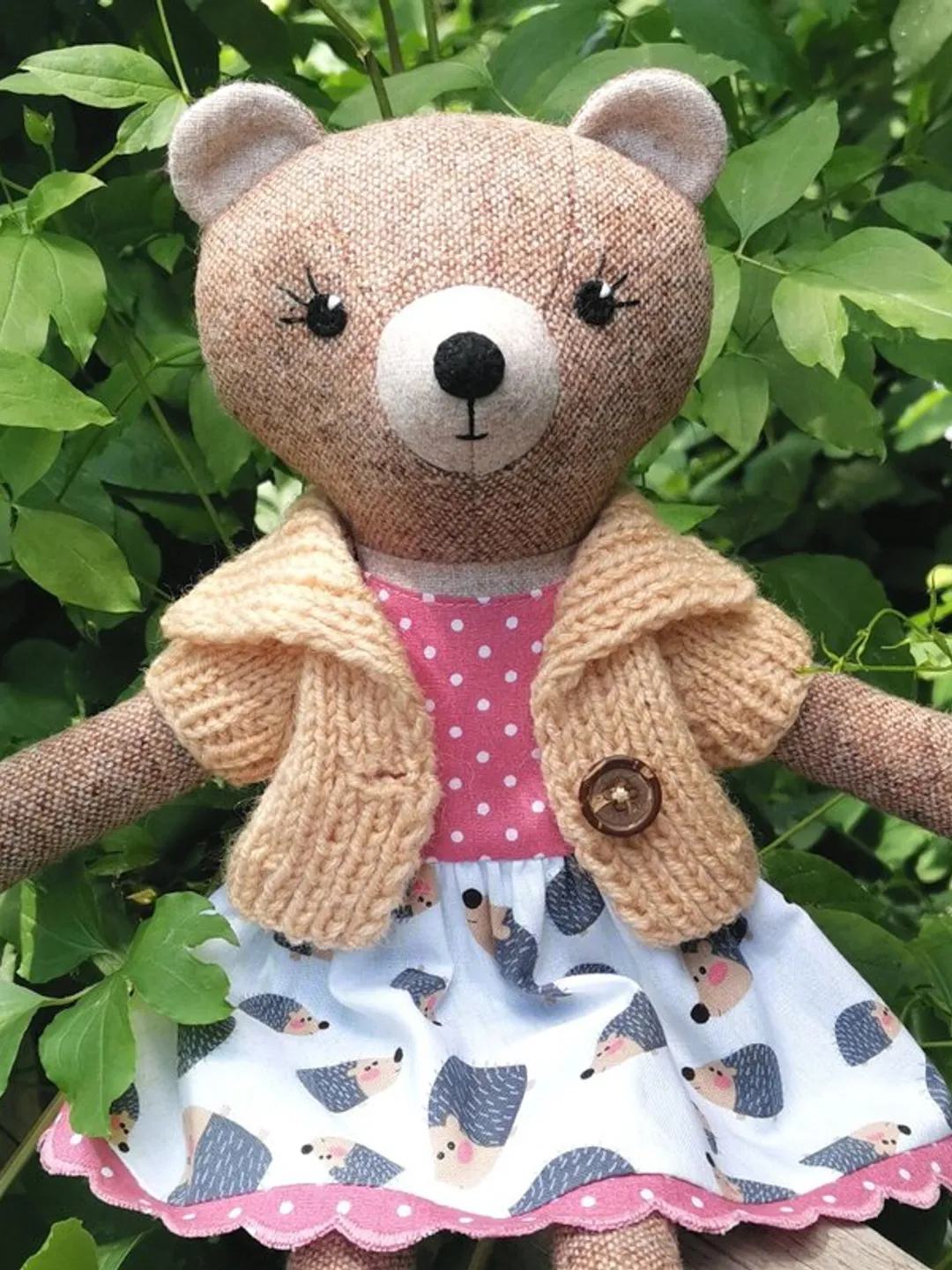 Brown bear girl, handmade plush toy, stuffed teddy bear doll, textile animal doll