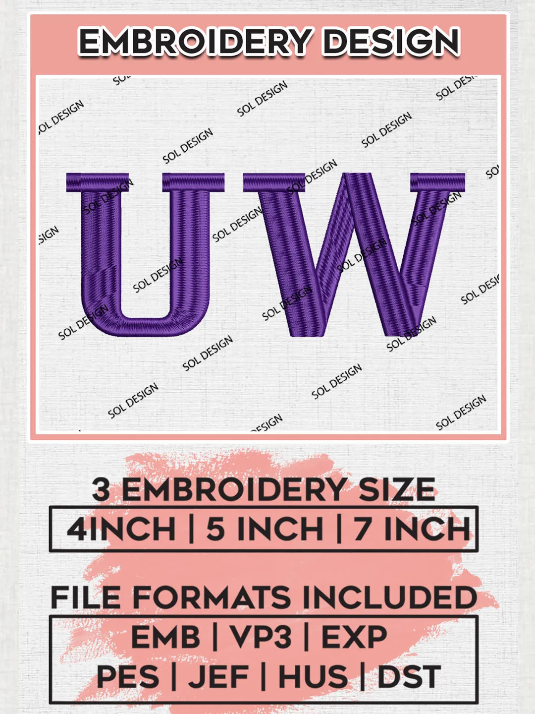 NCAA UW Huskies Football Team Logo Embroidery Design Files, NCAA Washington Huskies Machine Embroidery, NCAA Teams, 3 sizes, NCAA Machine embroidery designs, Digital Download