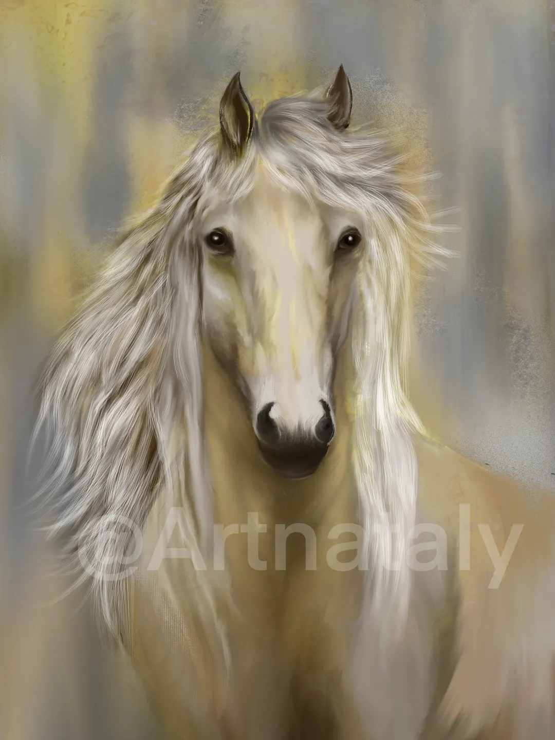 Horse portrait art, Horse wall art, Horse head digital art with white mane