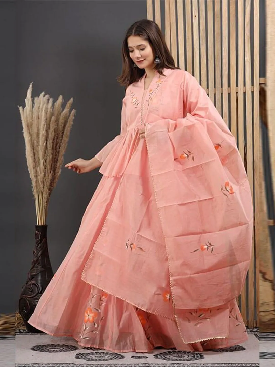 flowy anarkali dress Black Printed Border Anarkali Set With Palazzo And Dupatta
