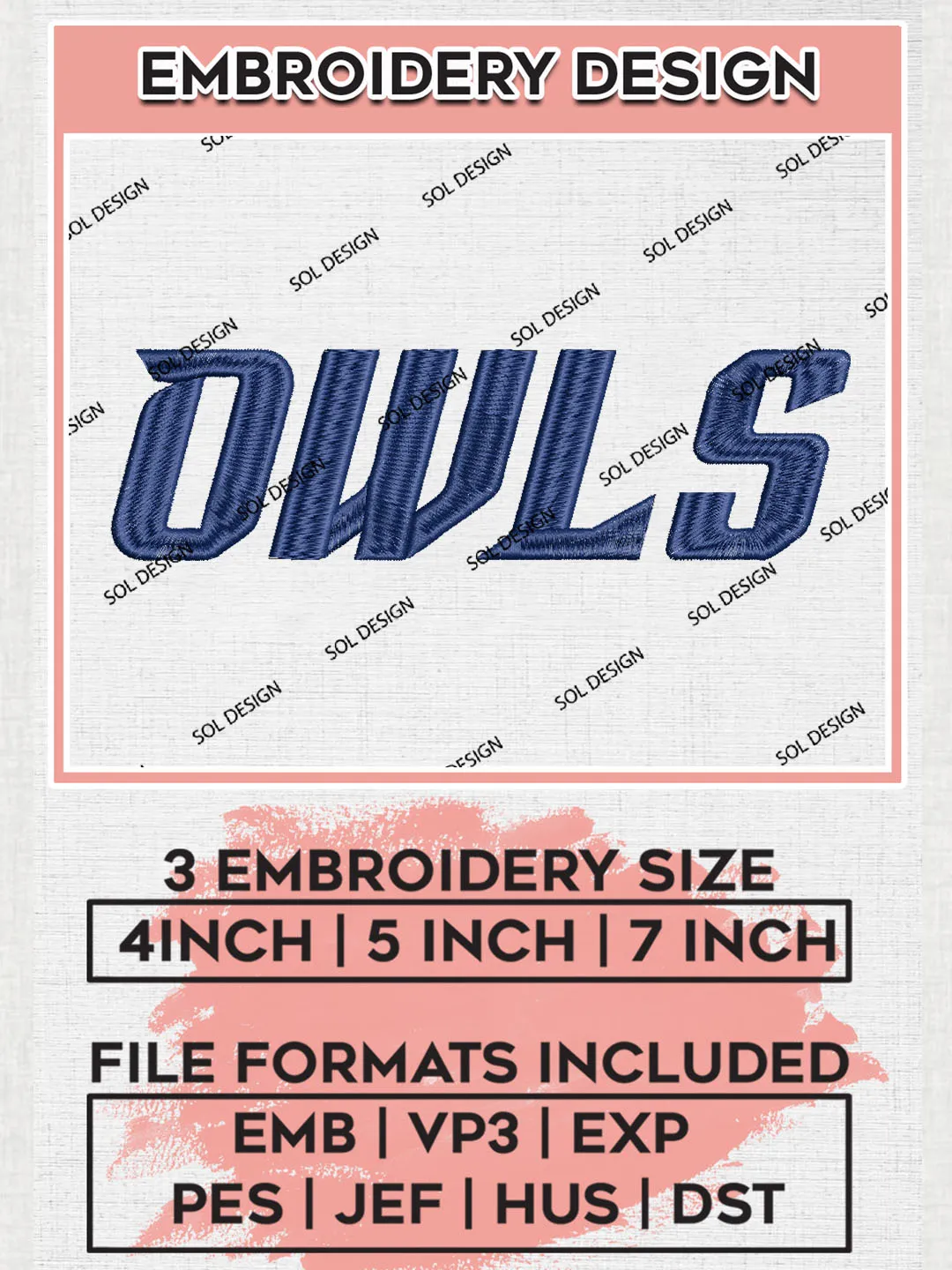 NCAA Owls College Team Word Logo Embroidery Design Files, NCAA Rice Owls Machine Embroidery, NCAA Teams, 3 sizes, NCAA Machine embroidery designs, Digital Download