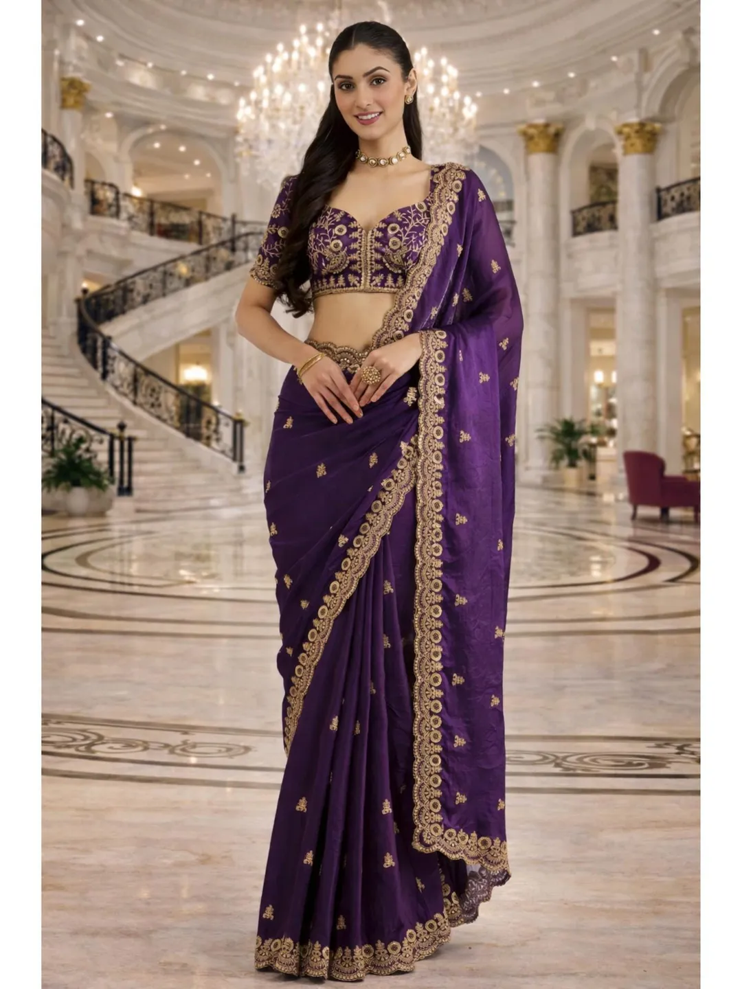 Purple Sequin Ready To Wear Saree For Women: Tissue Embroidery, Indian Wedding Wear