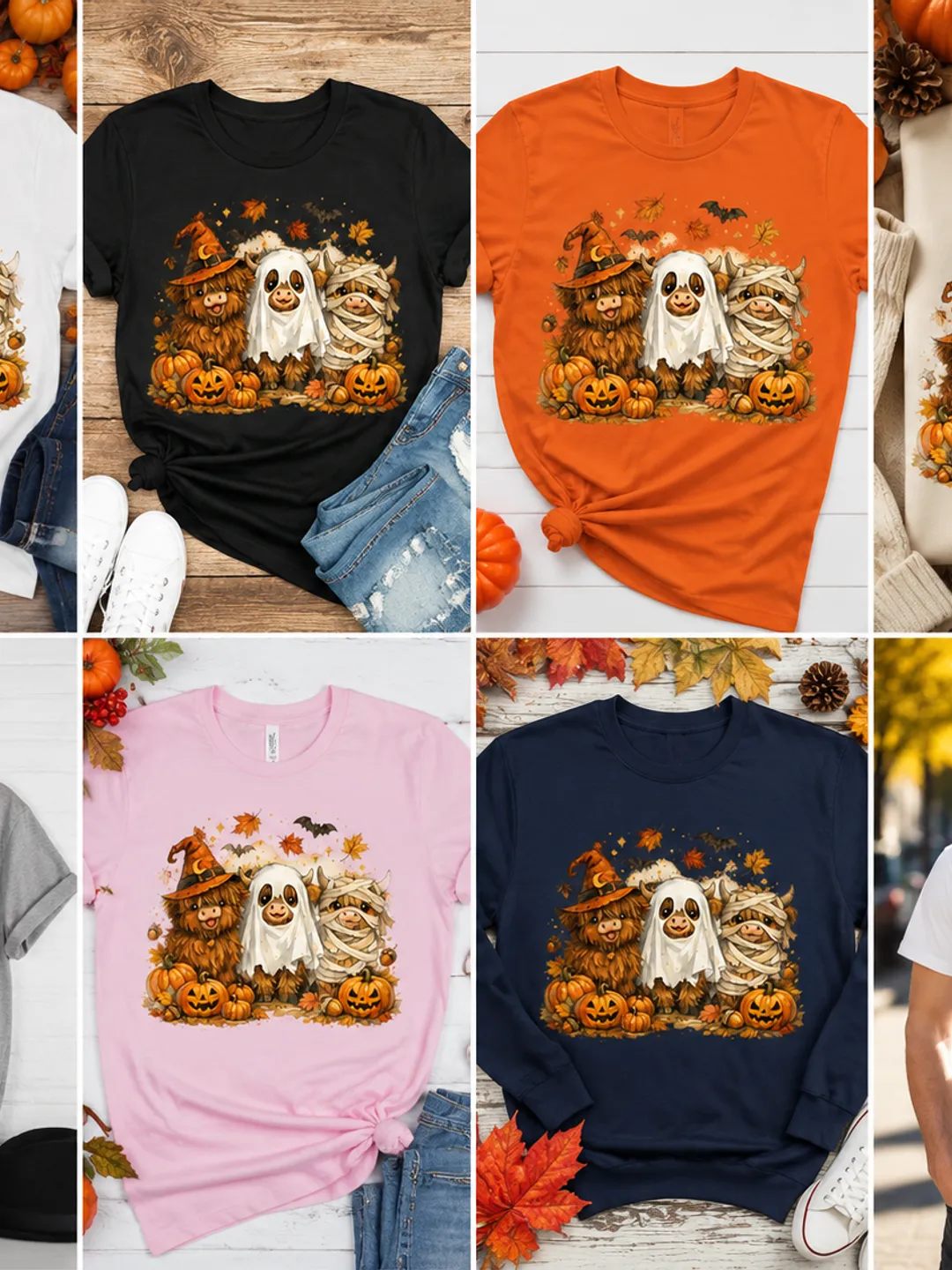 Highland Cow Halloween Trio – Vintage Spooky Autumn T-Shirt Design.