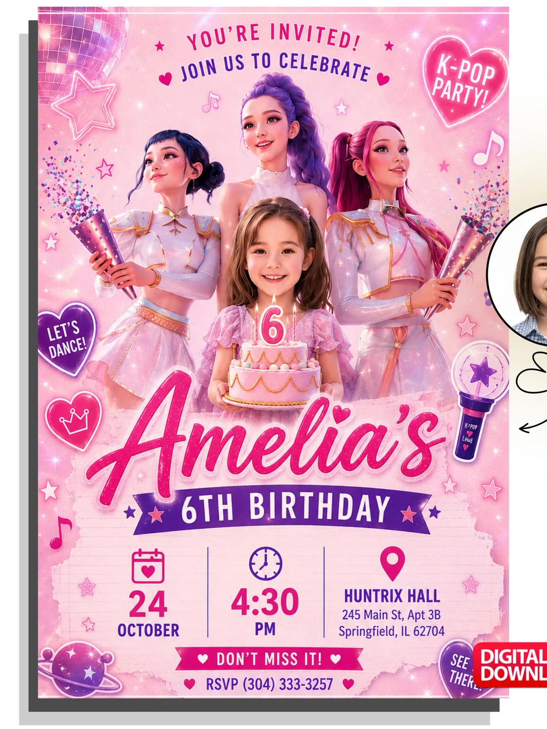 Custom Kpop Birthday Invitation with Photo, Personalized Girl Party Invite (Digital Download)