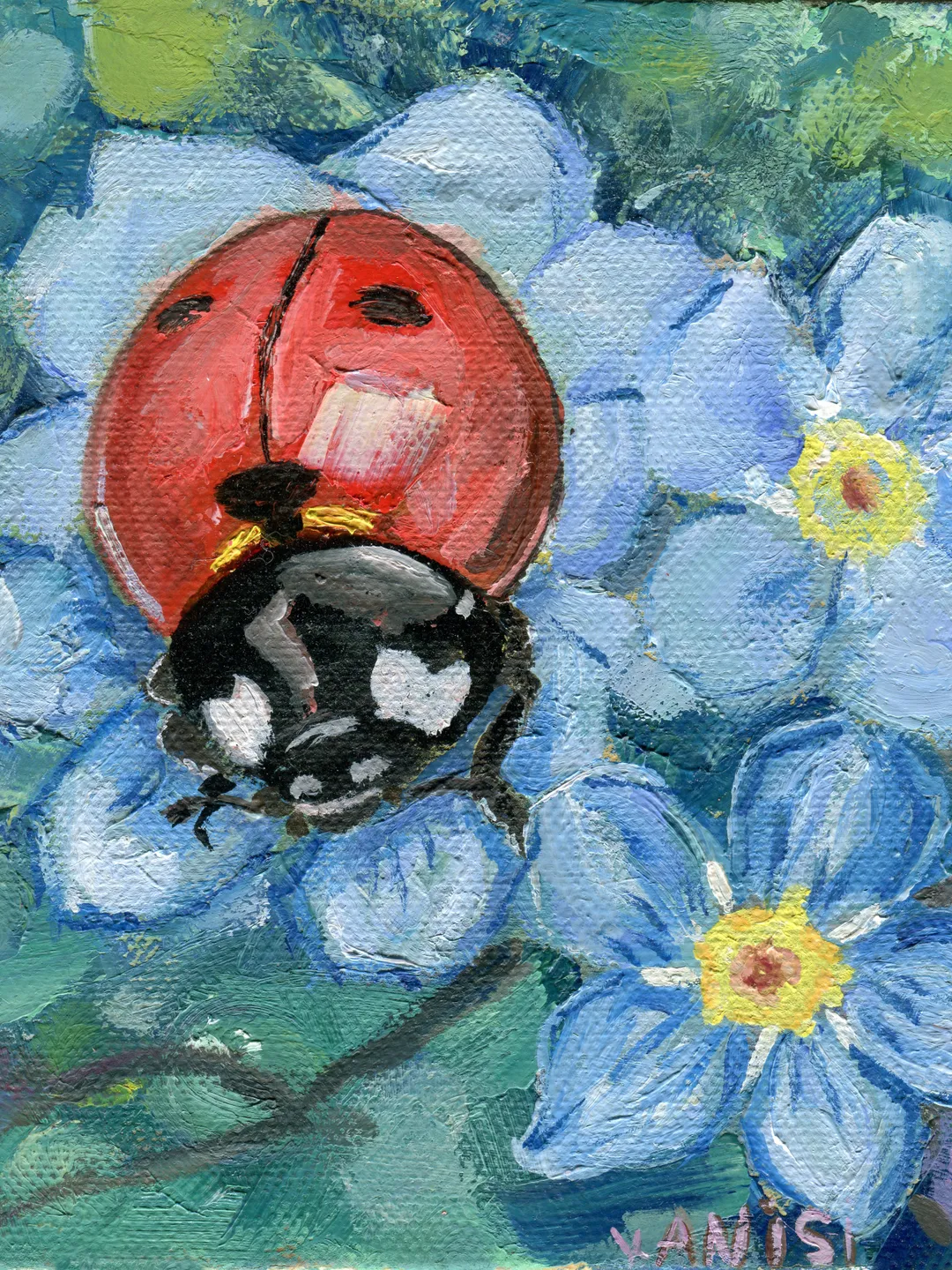 Ladybug Painting Original Art Animal Flower Painting Floral Small Art Insect