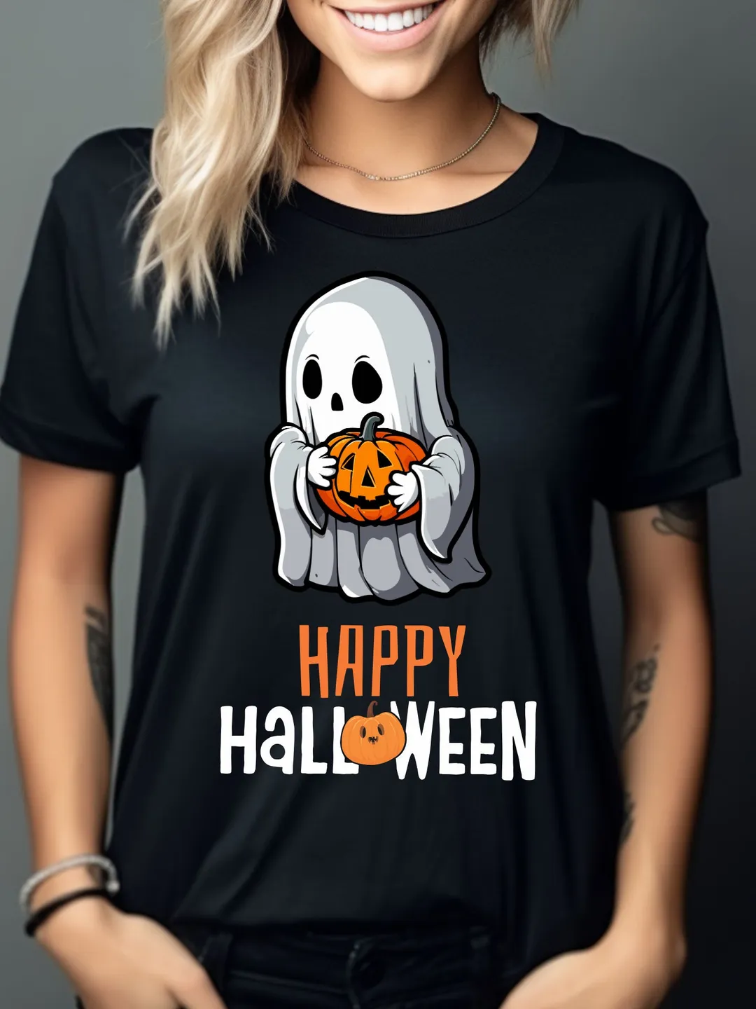 Halloween Ghost T-Shirt Holding Pumpkin, Cute Spooky Fall Shirt, Unisex Ghost Tee, Trick or Treat Costume Top, Autumn Gift Idea