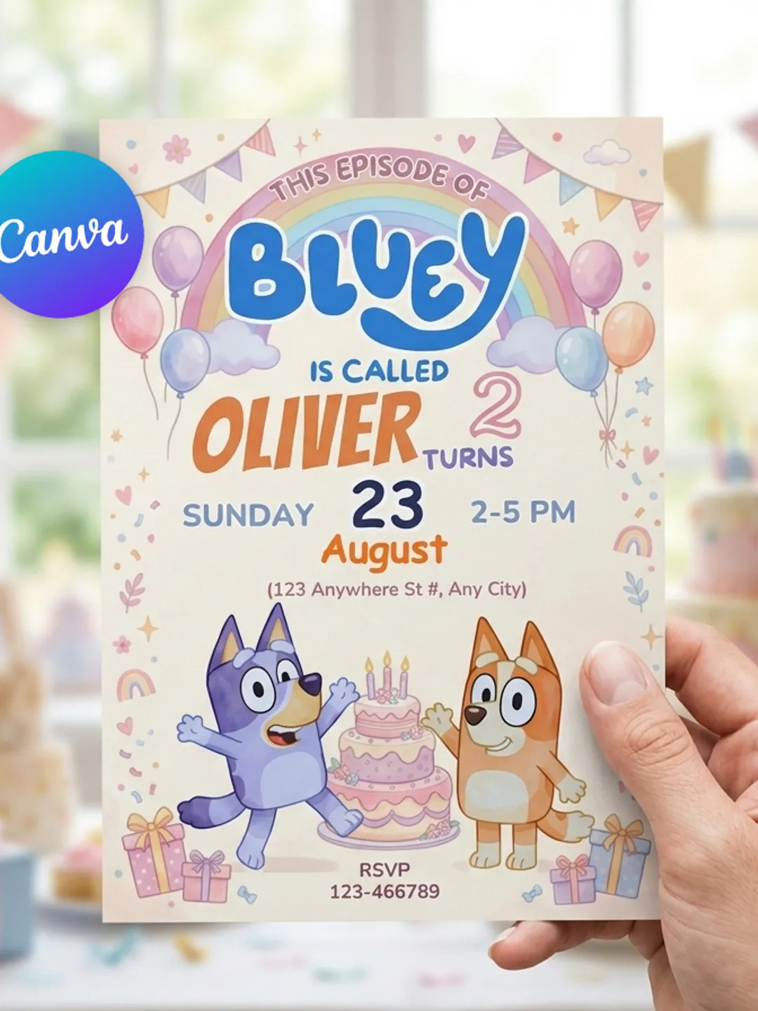 Bluey Birthday Invitation, Editable Bluey and Bingo Party Invite, Printable Kids Birthday Card, Canva Template, Digital Invite for Kids