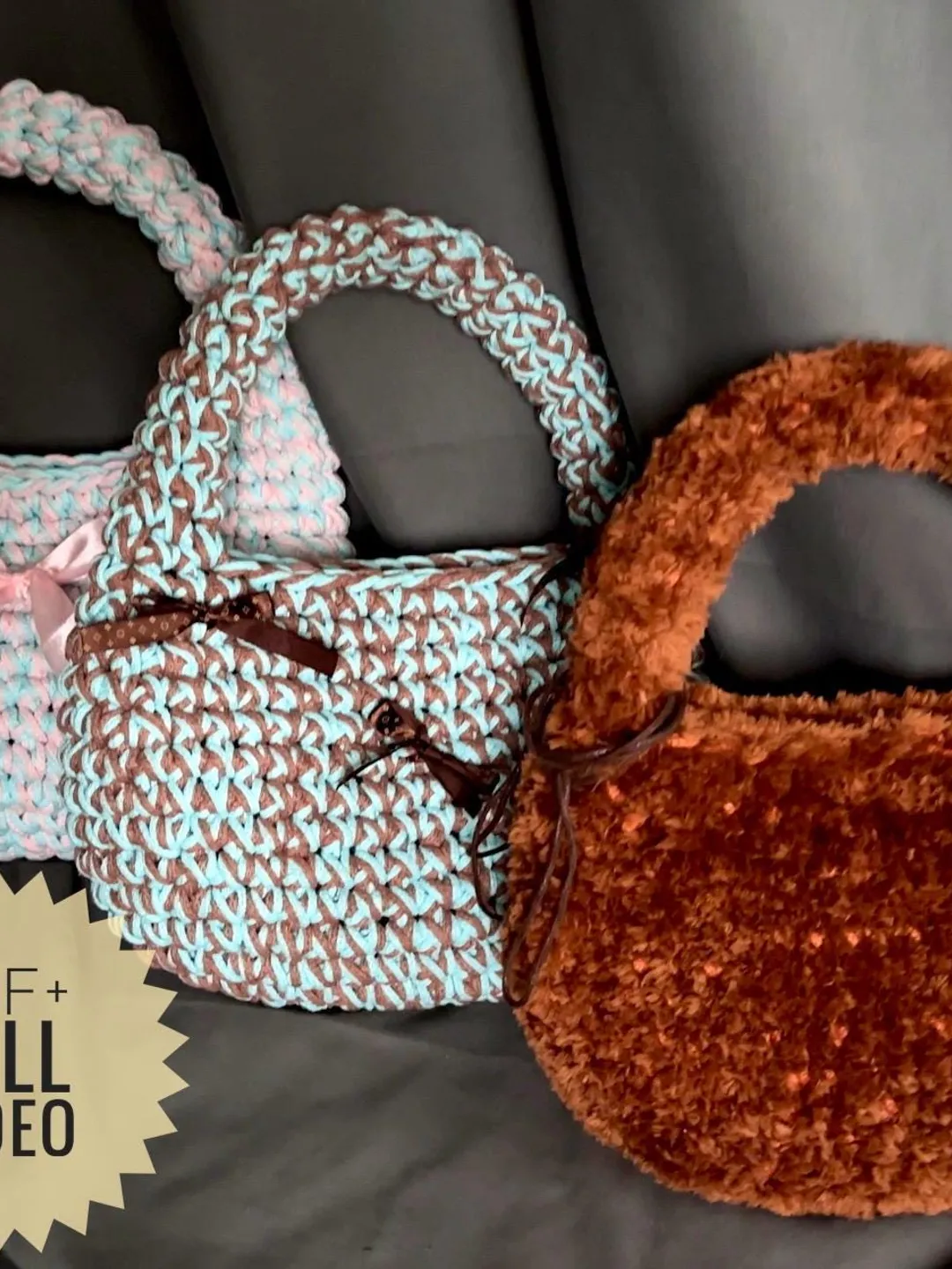 Crochet pattern bow easy trendy handbag PDF digital instant download and video tutorial, shoulder bag, furry bag, egg bag, hobo bag, tote