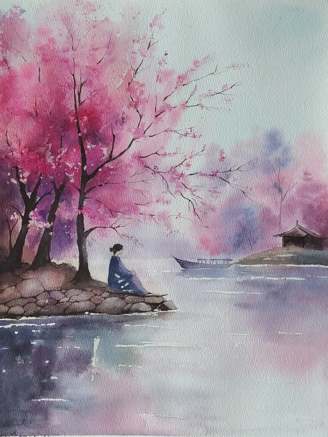 Original Watercolor Painting Japan Landscape Art Sakura blossoms Artwork 27x39 cm by SoftWaves