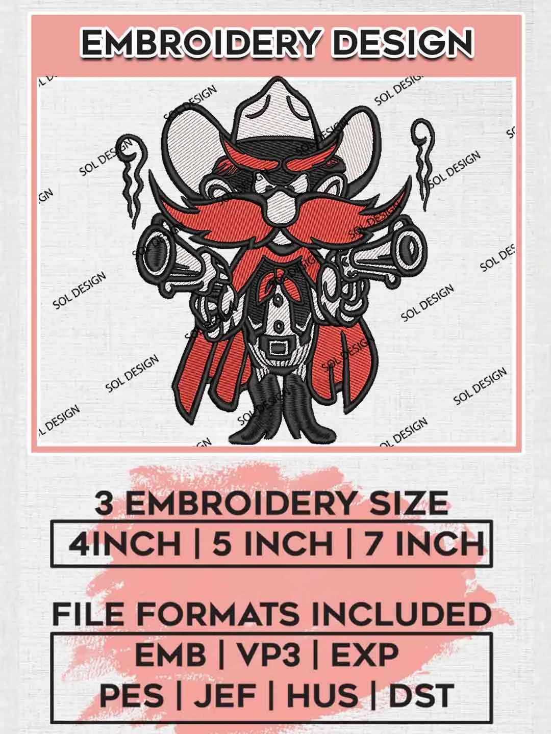Mascot Texas Tech Red Raider Embroidery Design, Football Embroidery files, Sport Machine embroidery files, 3 sizes, Instant Download