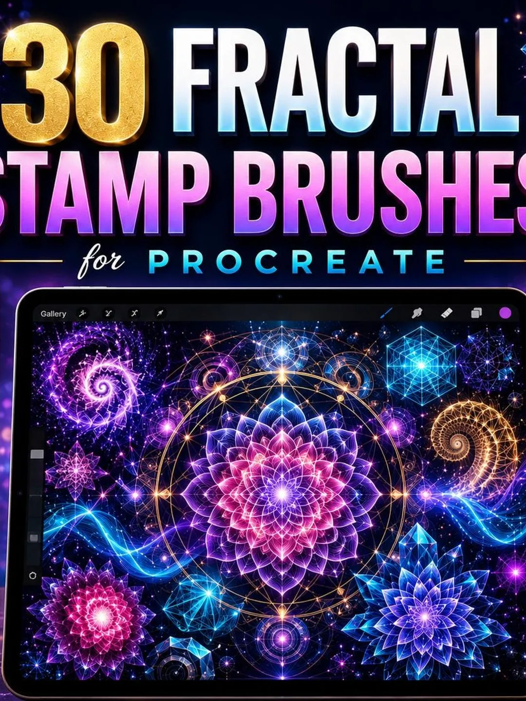 30 Fractal Stamp Brushes for Procreate | Abstract Geometry, Sacred Patterns & Futuristic Design Toolkit