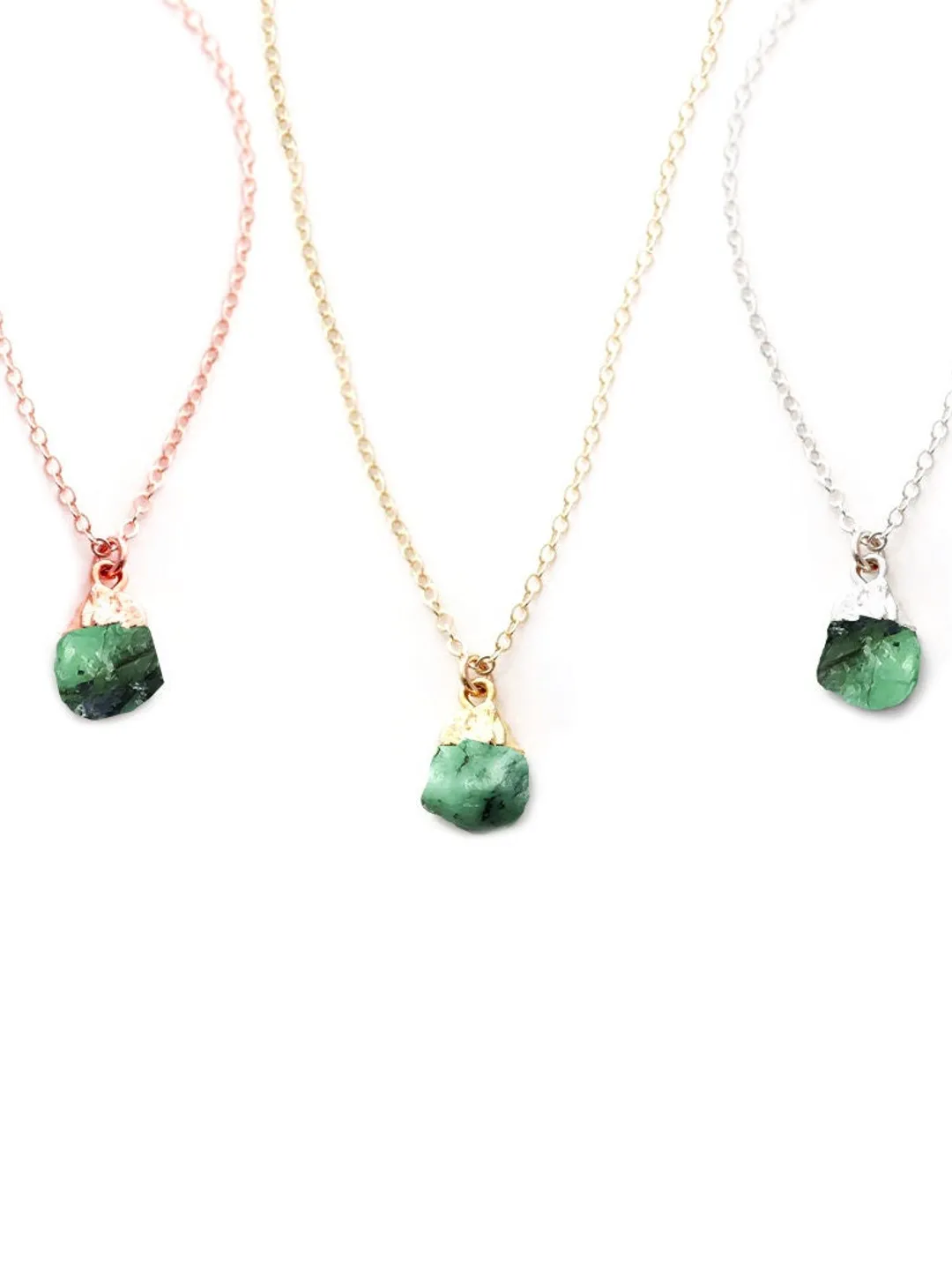 Raw Emerald Pendant Necklace: May Birthstone, Brass Electroplated Charm