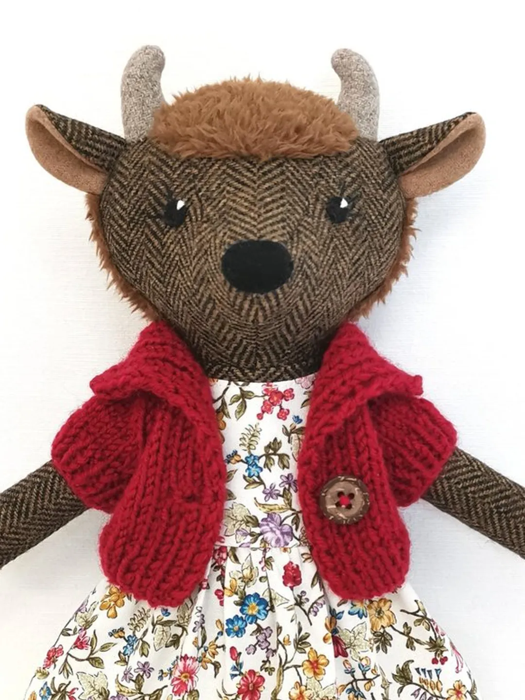 Brown buffalo girl, handmade stuffed bison toy, wool textile rag doll, animal soft toy