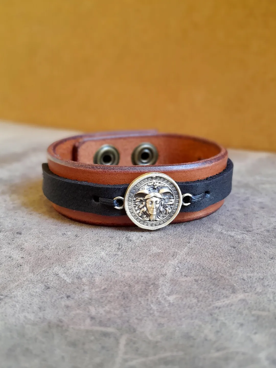 Medusa Bracelet, Black Brown Layered Leather Cuff, Handmade Men Leather Cuff, Greek Mythology Medusa Head, Statement Jewelry, Secret Message