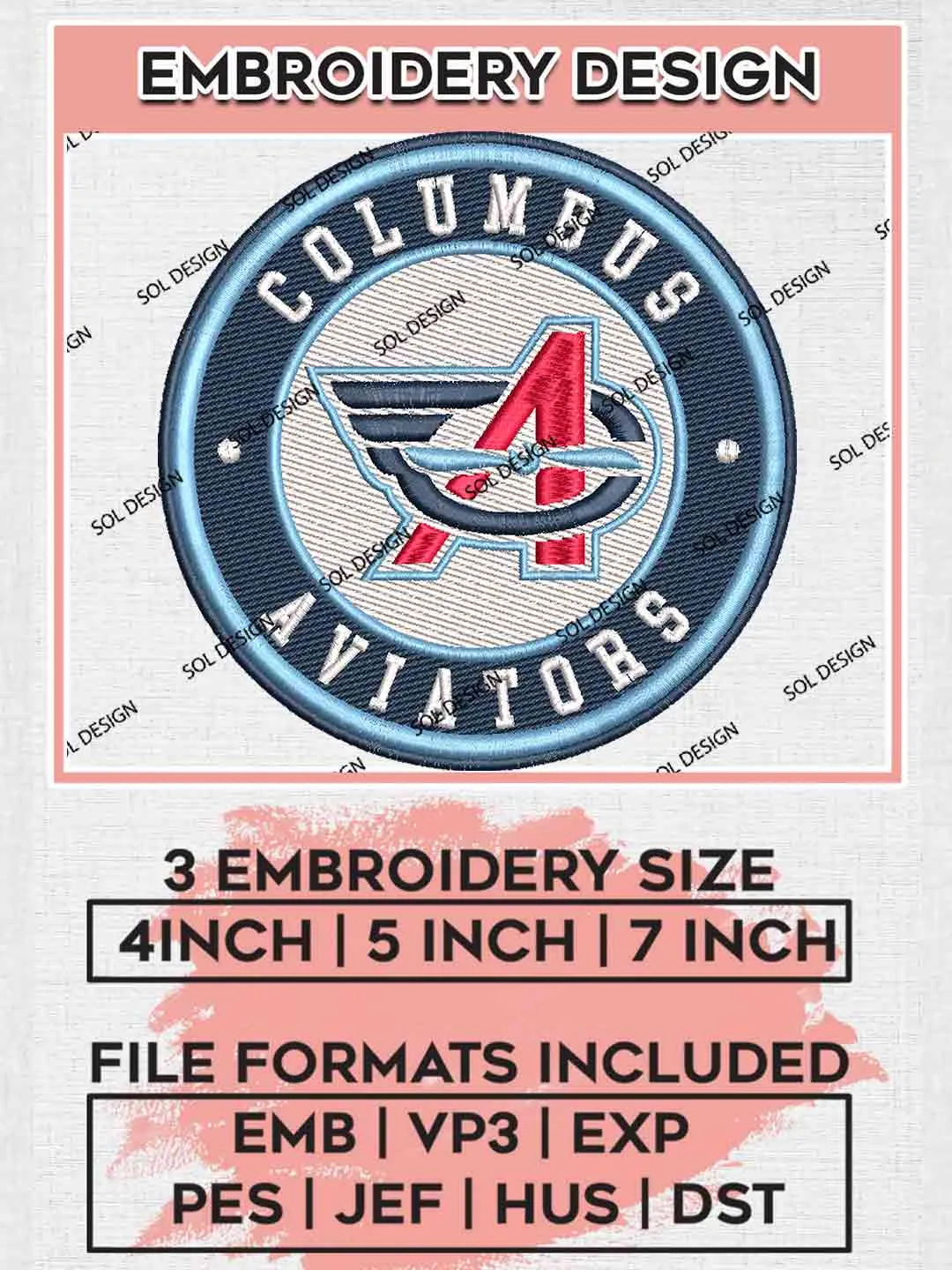 Columbus Aviators Round Logo Embroidery Design, UFL Football League Embroidery files, Sport Machine embroidery designs, 3 sizes, Instant Download