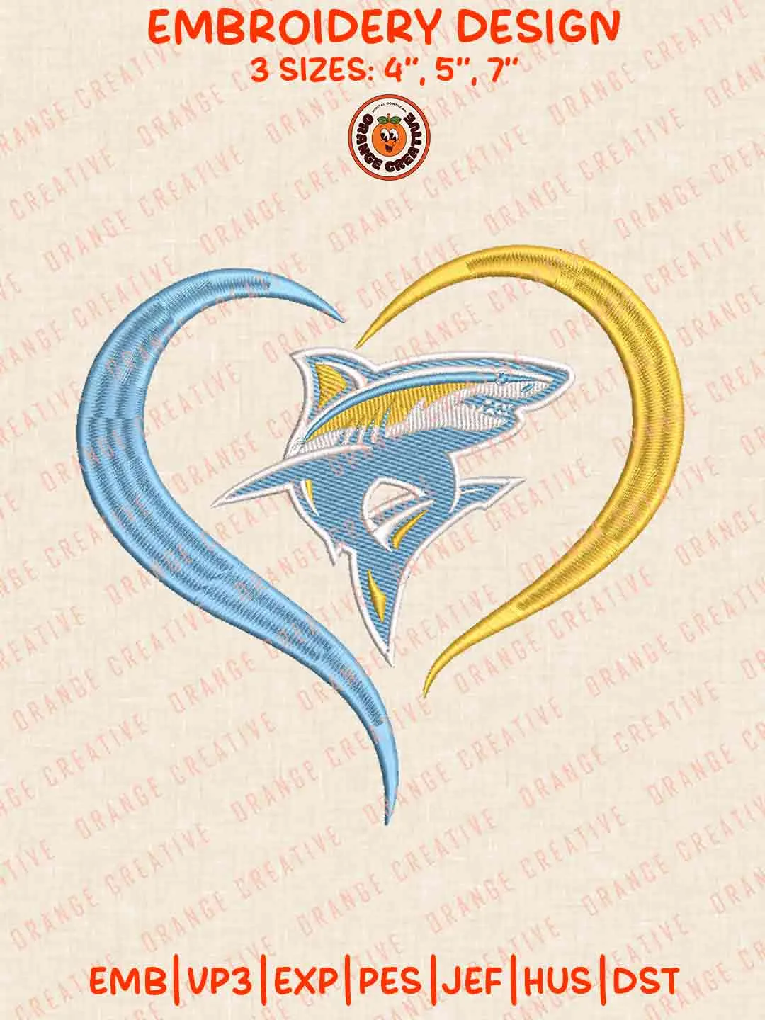LIU Shark Heart Logo Embroidery Design, College Machine Embroidery Digitized Pes File, Football Designs, 3 Sizes, Custom Size, Instant Download