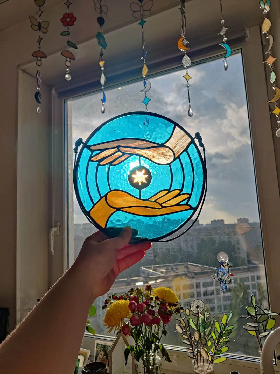 Stained glass window panel, Suncatcher, Glass home decor, Anniversary gift
