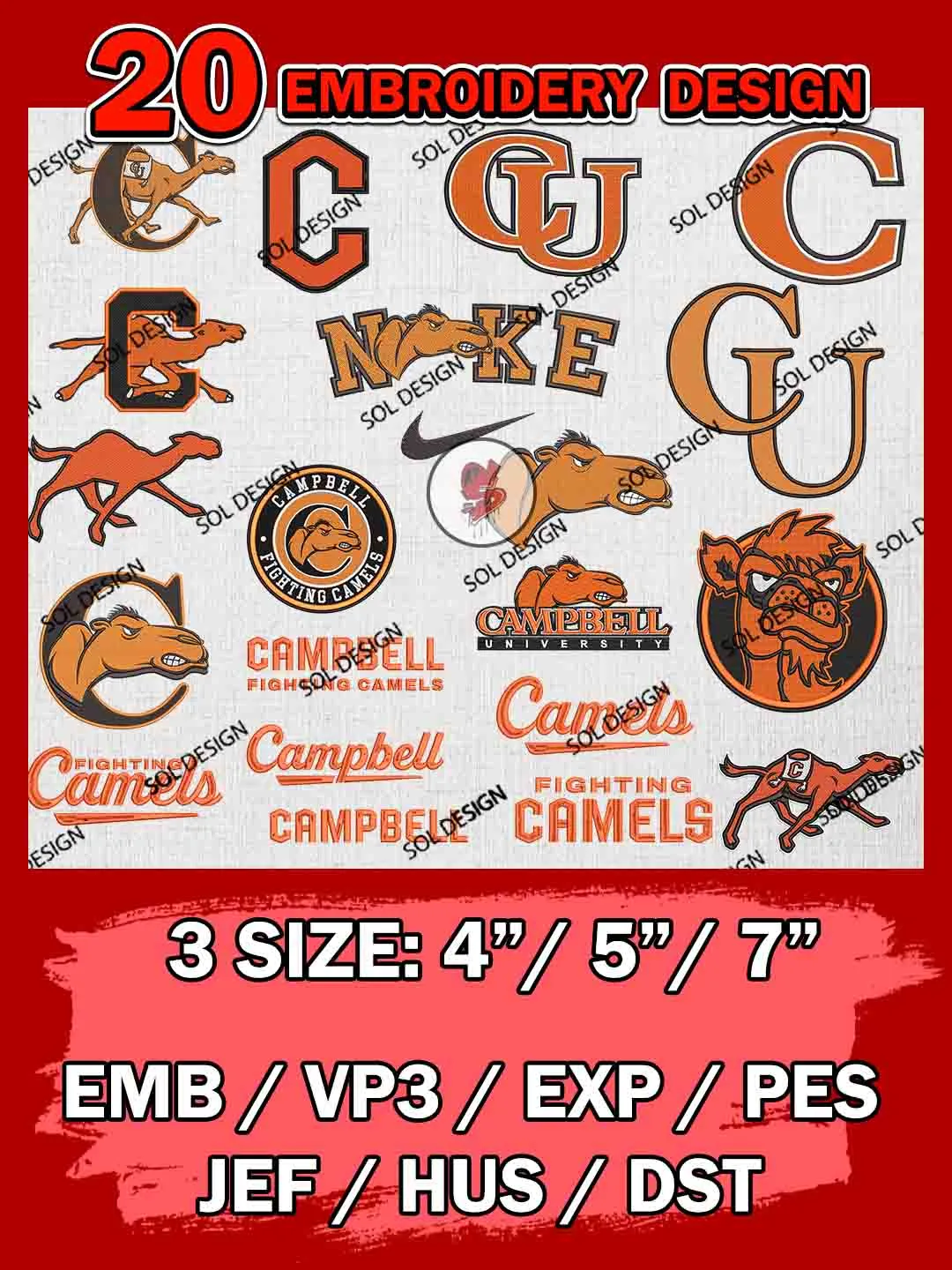 20 NCAA Campbell Fighting Camels Bundle Embroidery Files, NCAA Campbell Fighting Camels Team Bundle Embroidery Designs, NCAA Teams, National College Football Team 3 sizes, NCAA Campbell Fighting Machine Embroidery, Digital Download