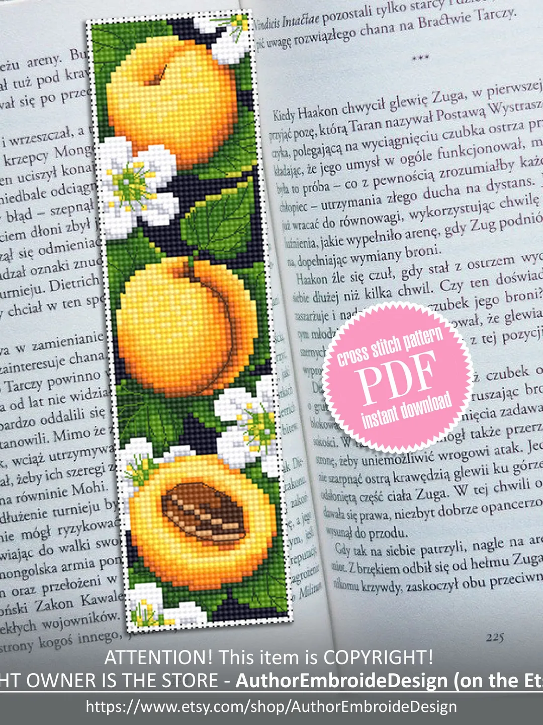 Apricot bookmark cross stitch pattern download PDF Summer fruit cross stitch chart, Digital bookmark pattern PDF, Floral bookmark #B151