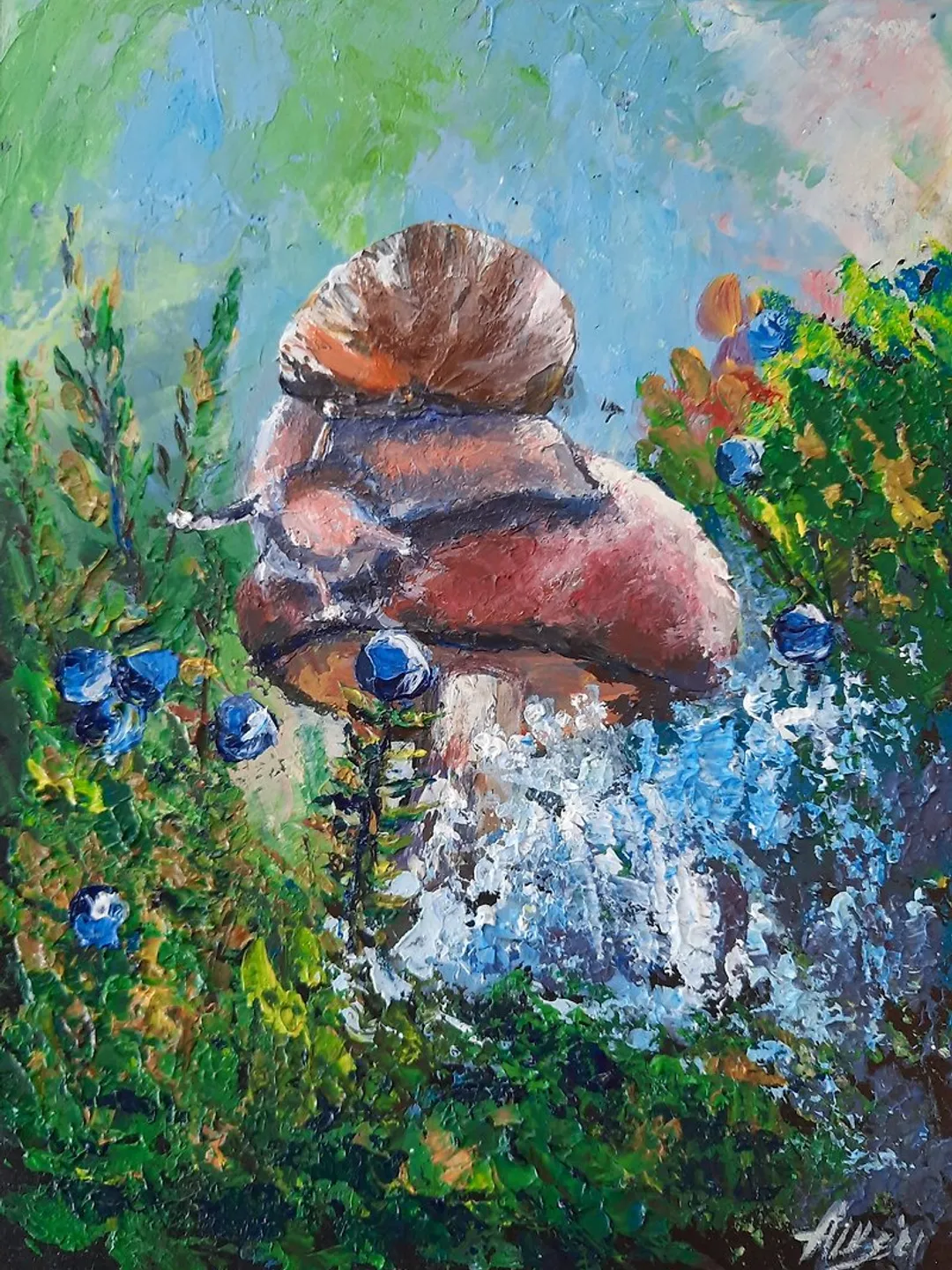 Snail painting Original acrylic painting Mushroom painting Forest landscape art