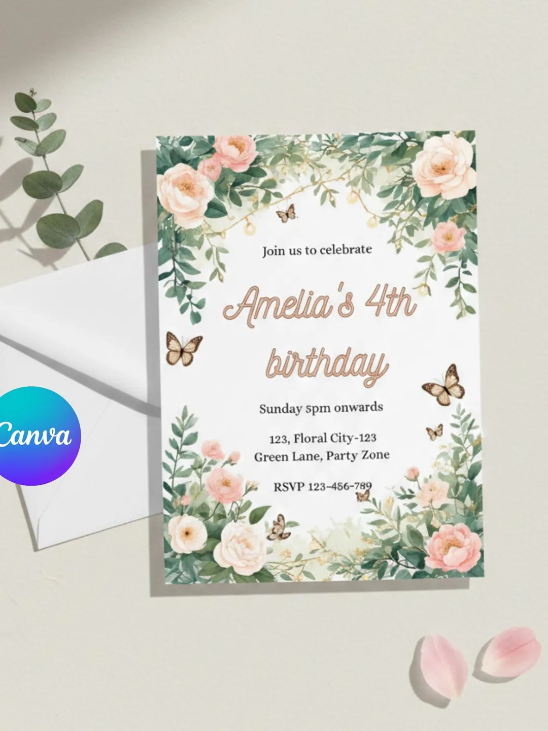 Spring Butterfly Birthday Invitation ,Garden Party Invite ,Floral Editable Template