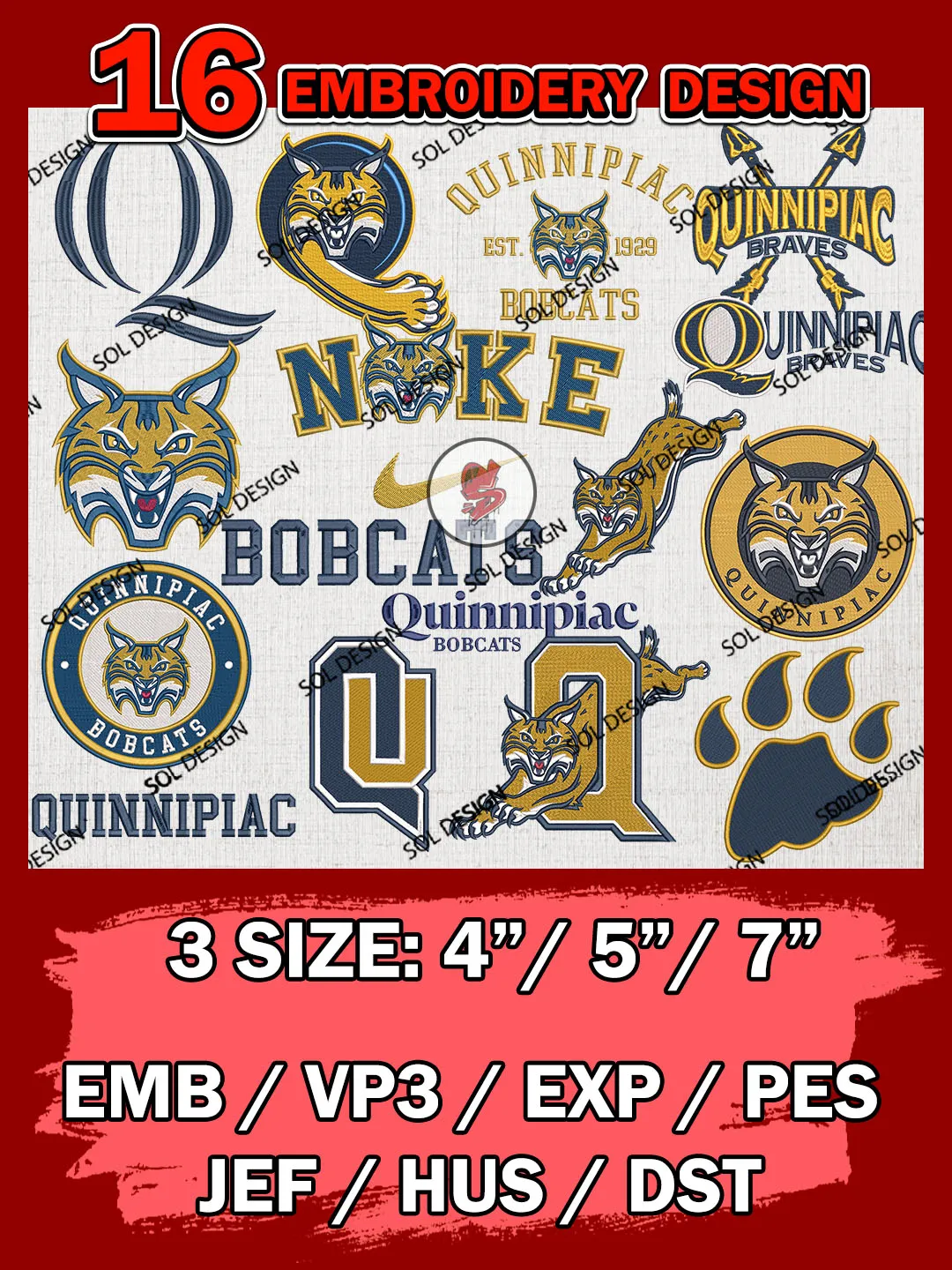 16 NCAA Quinnipiac Bobcats Bundle Embroidery Files, NCAA Quinnipiac Bobcats Team Bundle Embroidery Designs, NCAA Teams, National College Football Team 3 sizes, NCAA Quinnipiac Machine Embroidery, Digital Download