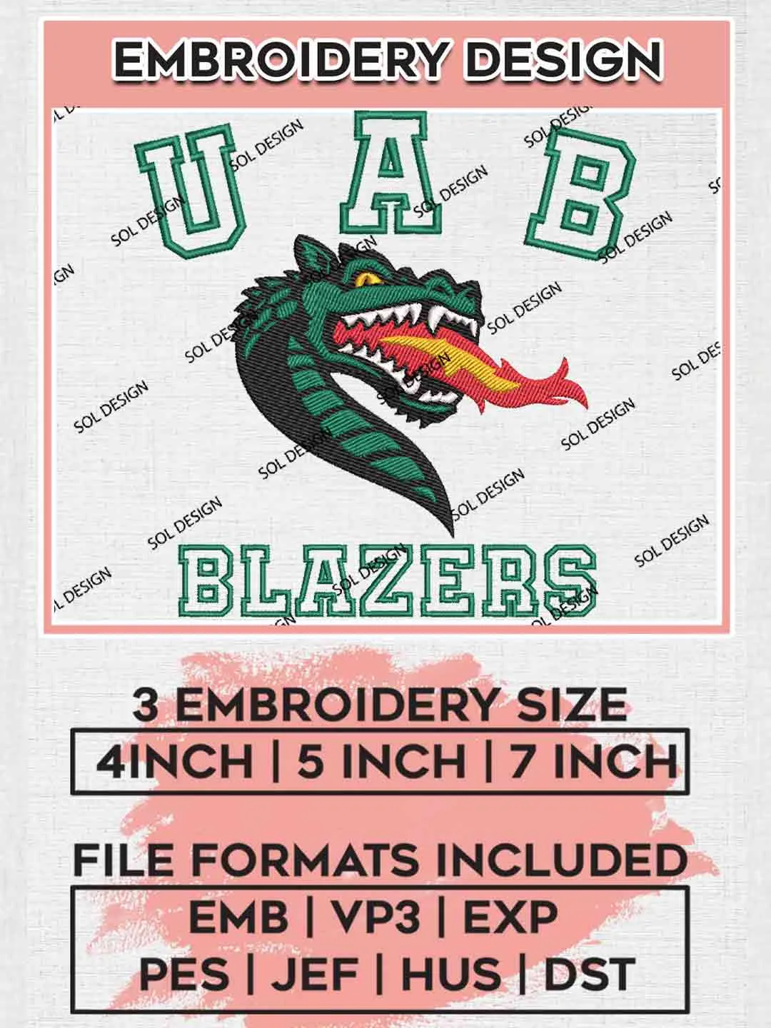 UAB Blazers Logo Embroidery Designs, NCAA Logo Embroidery files, NCAA UAB Blazers Team, Machine embroidery designs, Instant Download