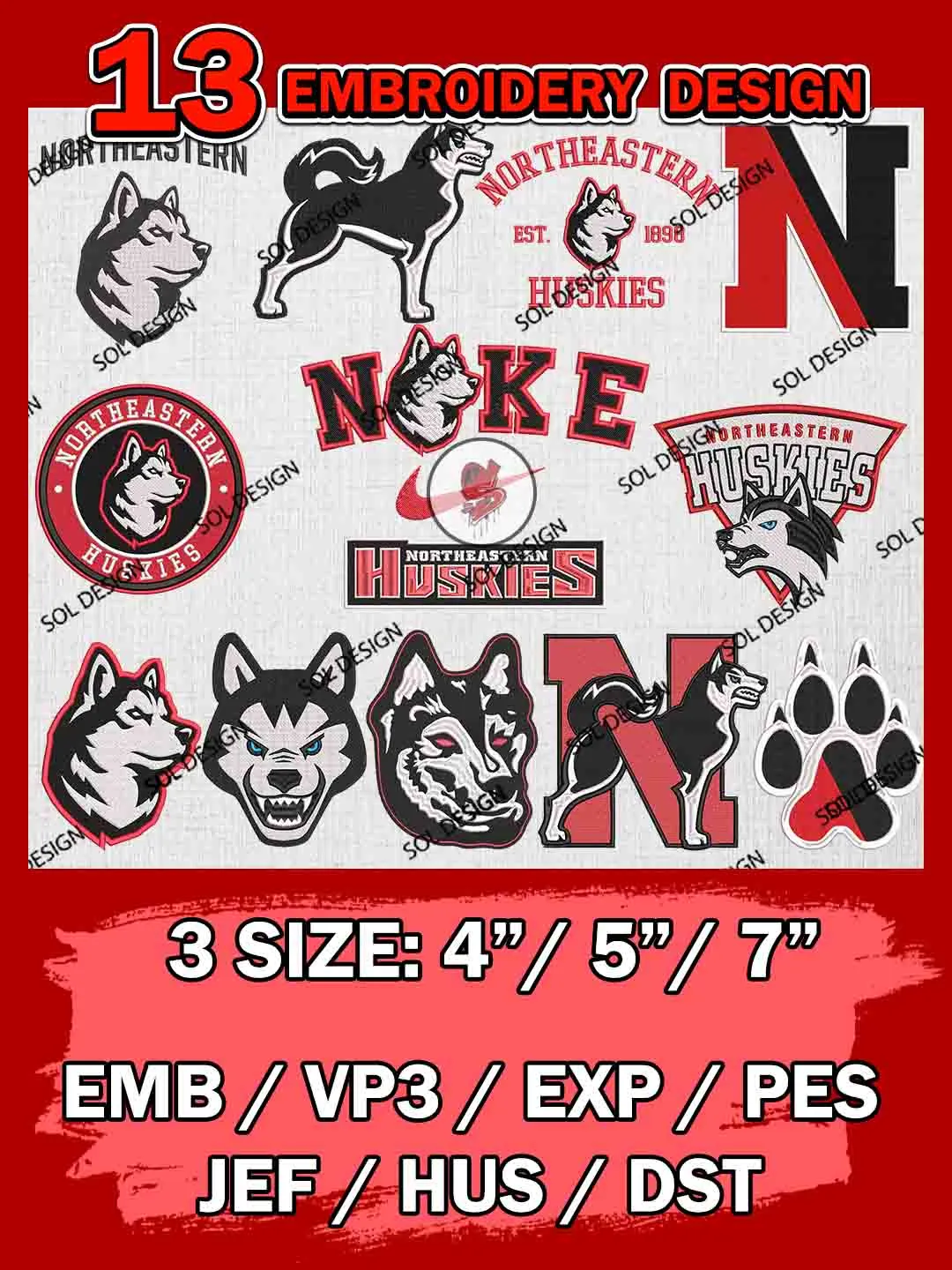 13 NCAA Northeastern Huskies Bundle Embroidery Files, NCAA Northeastern Huskies Team Bundle Embroidery Designs, NCAA Teams, National College Football Team 3 sizes, NCAA Northeastern Machine Embroidery, Digital Download