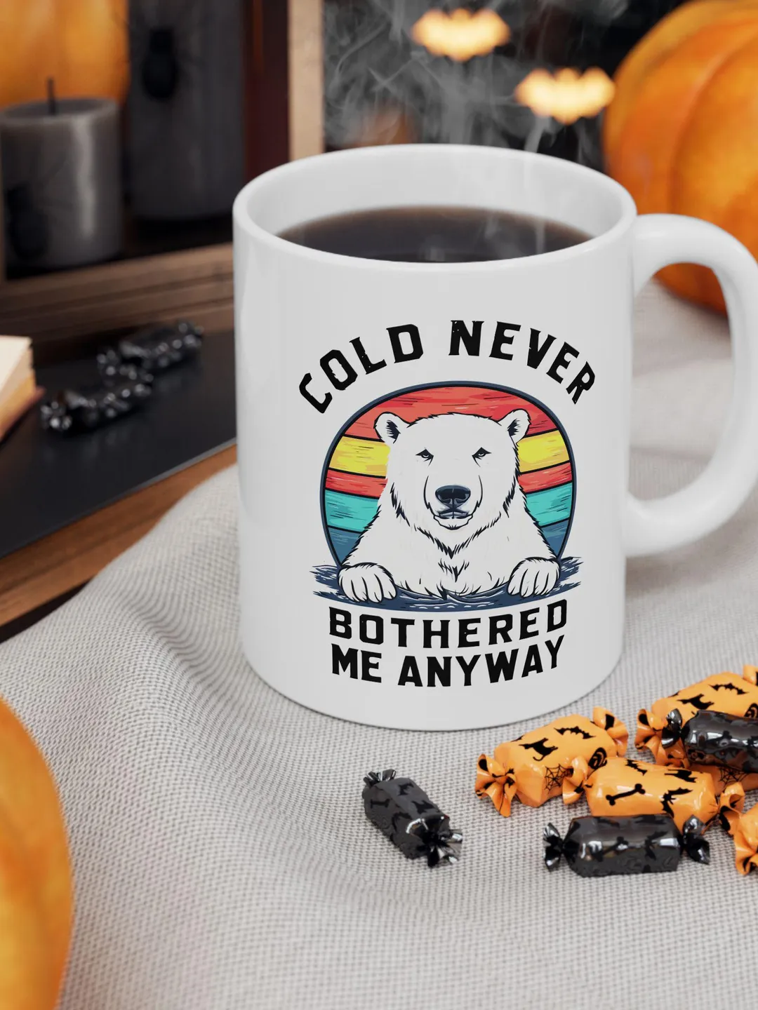 Polar Bear Mug, Cold Never Bothered Me Anyway Coffee Cup, Funny Winter Gift, Arctic Animal Tea Mug, Retro Sunset Wildlife Ceramic Cup