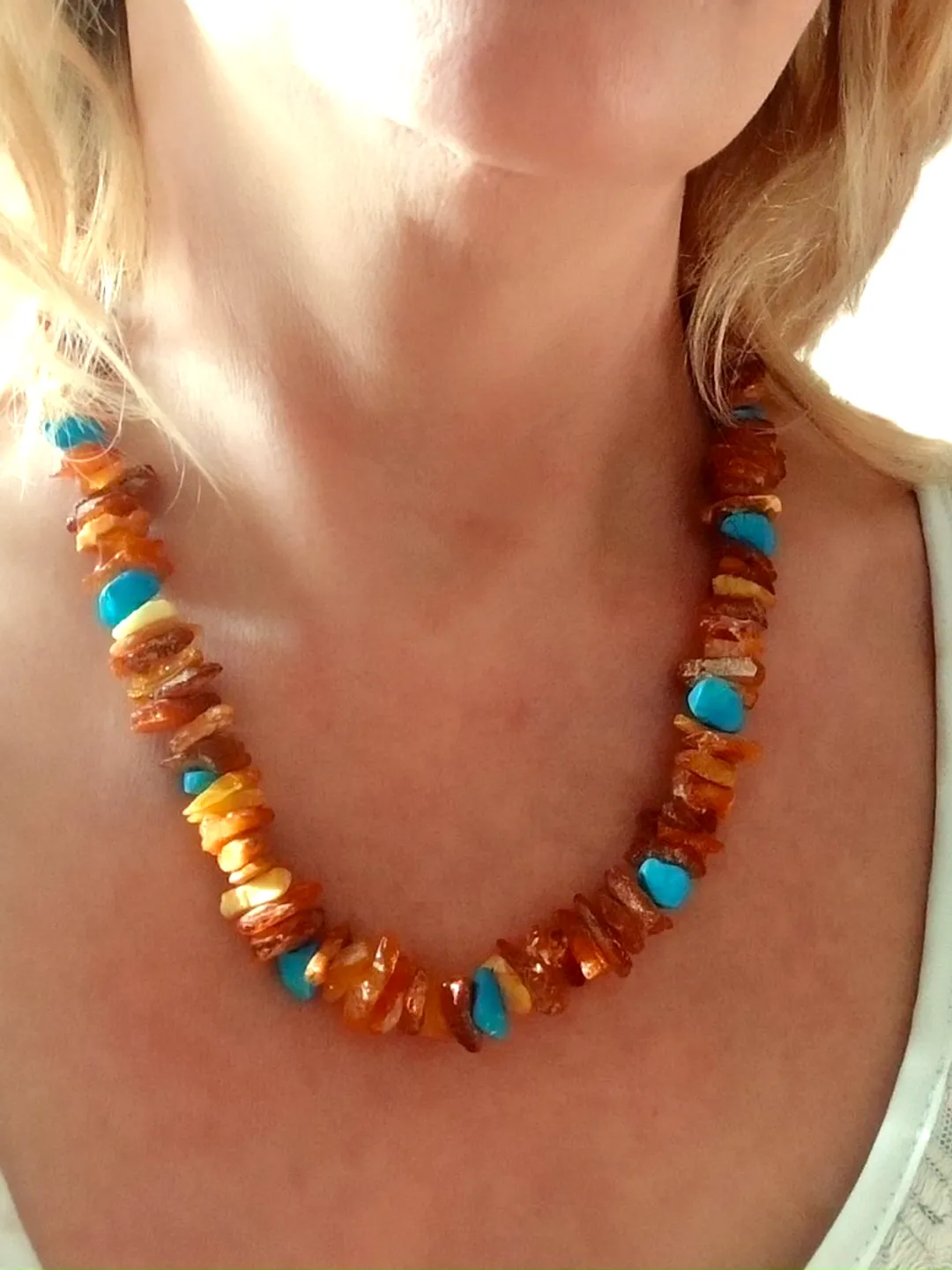 Raw Amber Healing Stone Necklace Baltic Amber jewelry adults with turquoise howlite beads. For anxiety, thyroid treatment.