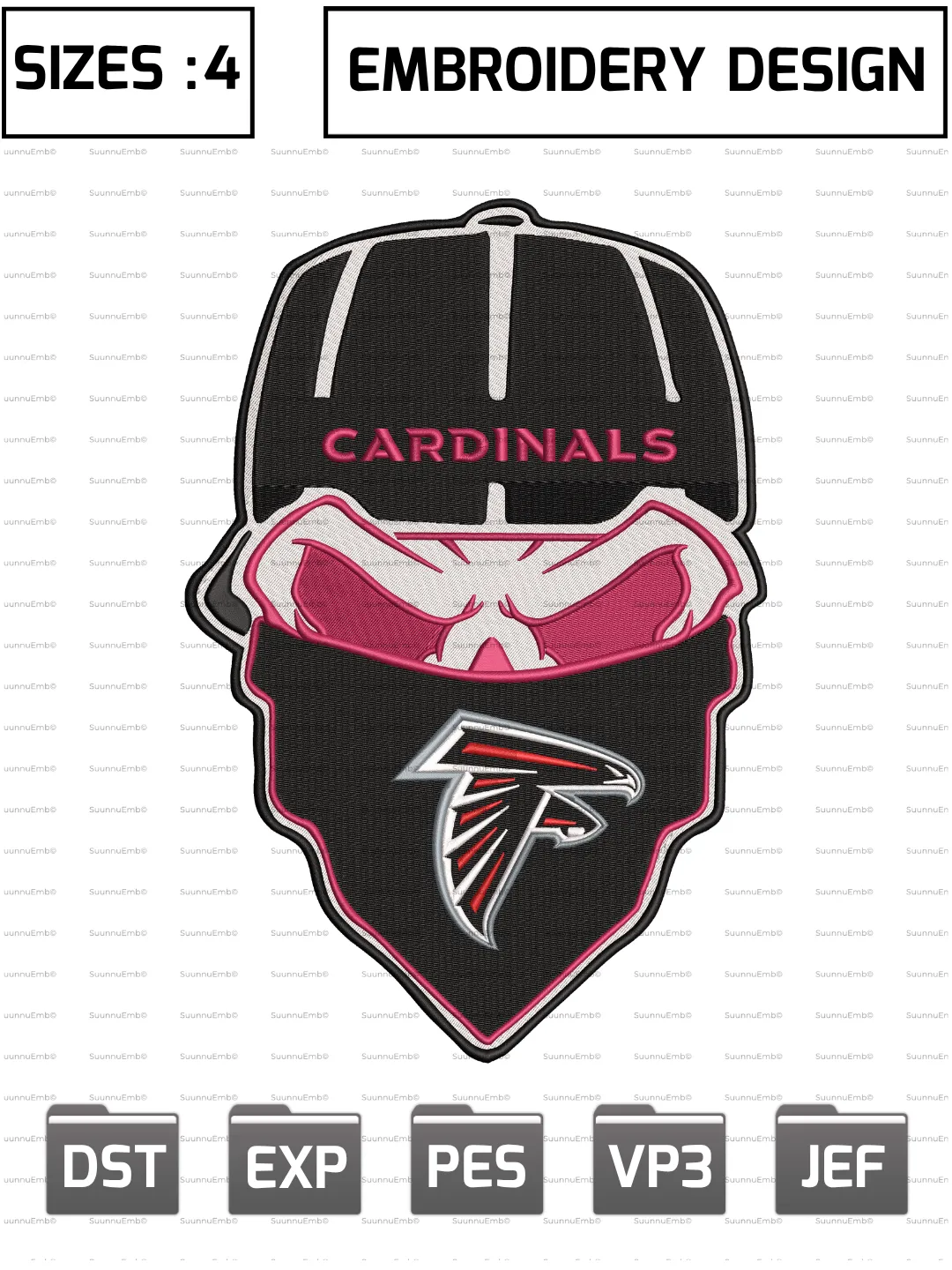 Atlanta Falcons Ninja Face Logo Embroidery Design,NFL Logos Embroidery Design,NFL Teams, Machine Embroidery Design File,4 Sizes, Digital Download