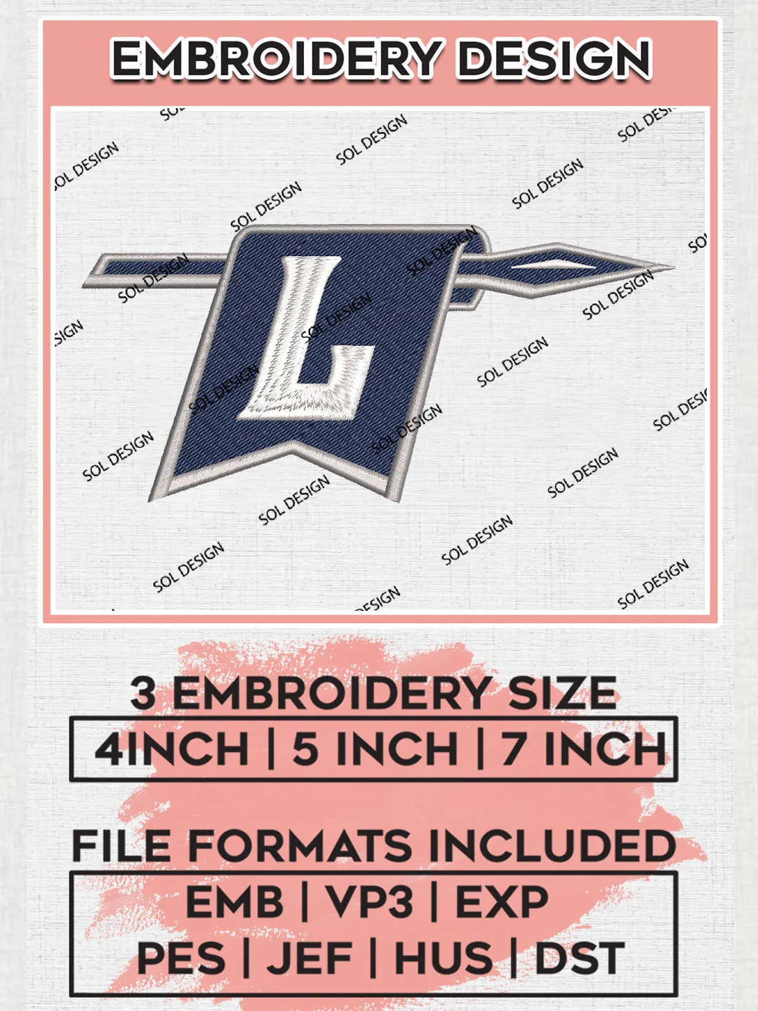 Longwood Lancers Team Logo Embroidery Design Files, NCAA Longwood Lancers Machine Embroidery, NCAA Teams, 3 sizes, NCAA Machine embroidery designs, Digital Download