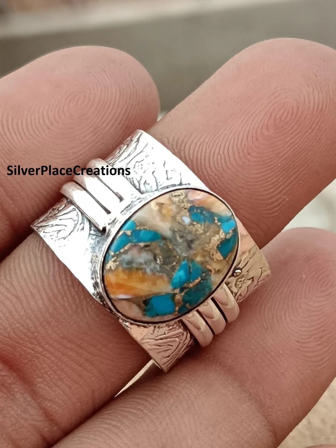 925 Sterling Silver Jewelry, Western Ring, Oyster Turquoise Gemstone Ring, Meditation Ring, Spinner Band Ring, Anniversary Ring Anxiety Ring