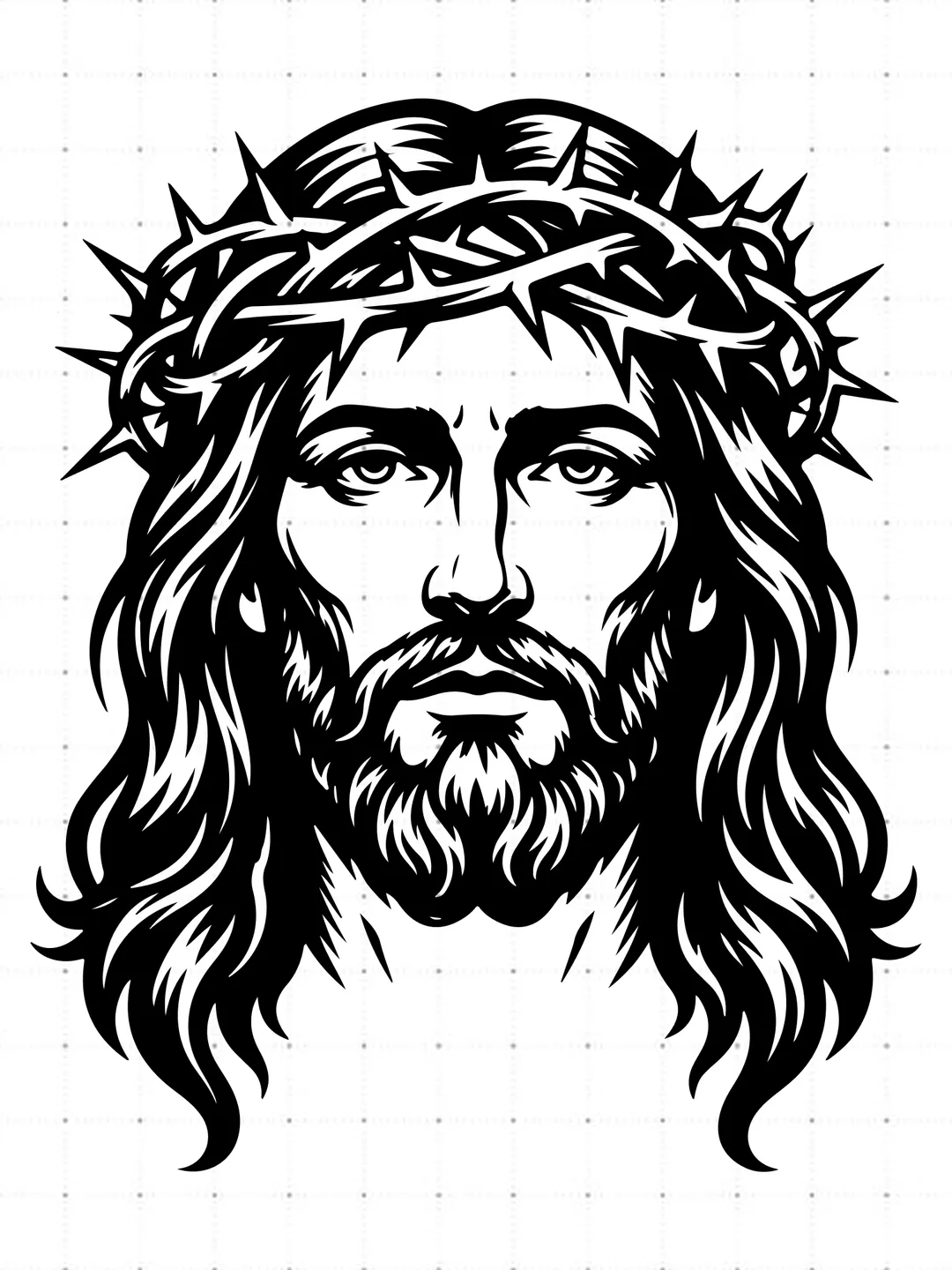 Jesus Crown Of Thorns Portrait SVG, Front View Jesus Face SVG, Christian Faith Head Silhouette Cut File, Holy Jesus Vector, Religious T-Shirt Design, Savior Graphic for Cricut Silhouette
