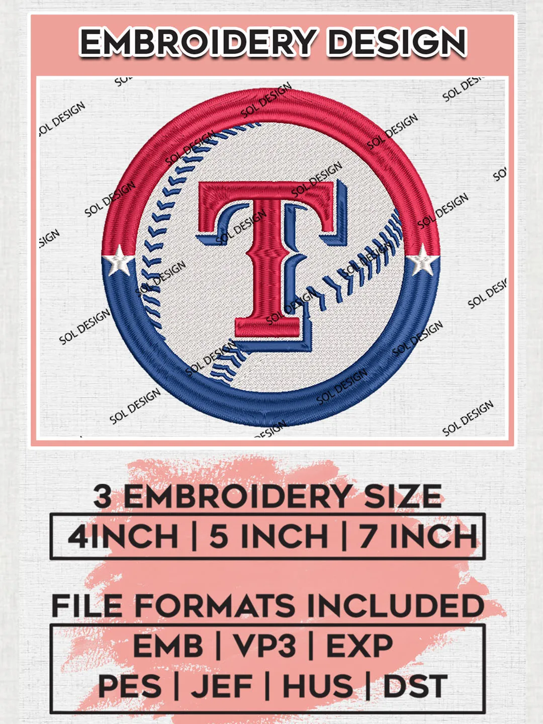 Texas Rangers Embroidery Design Files, MLB Texas Rangers Team Embroidery, MLB Teams, 3 sizes, MLB Machine embroidery designs, Digital Download