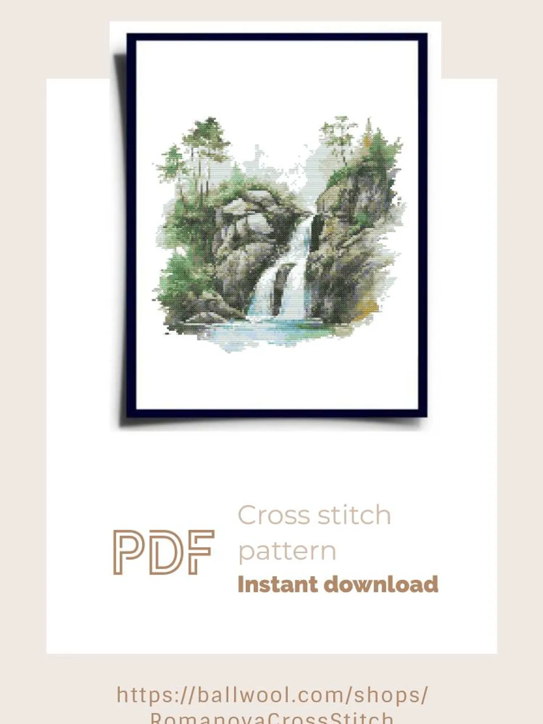 Forest Waterfalls cross stitch PDF pattern, Watercolor Forest waterfall embroidery design, Instant download