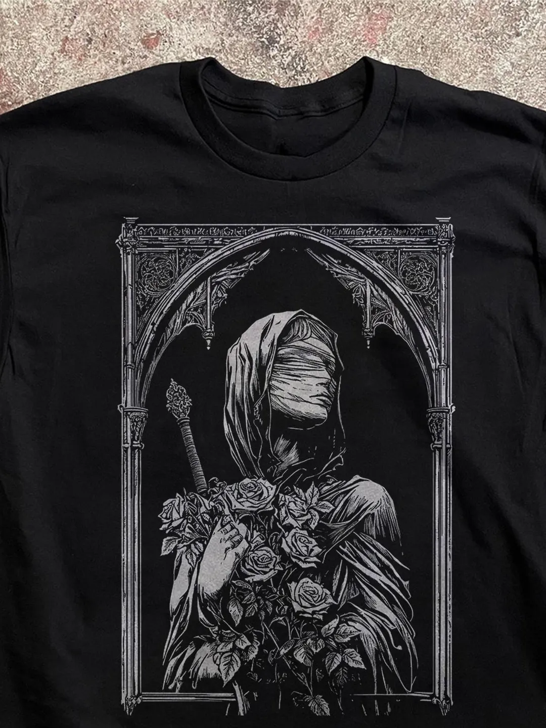 Dark Academia Gothic Tee, Blindfolded Saint Graphic (Oversized, Vintage Wash)