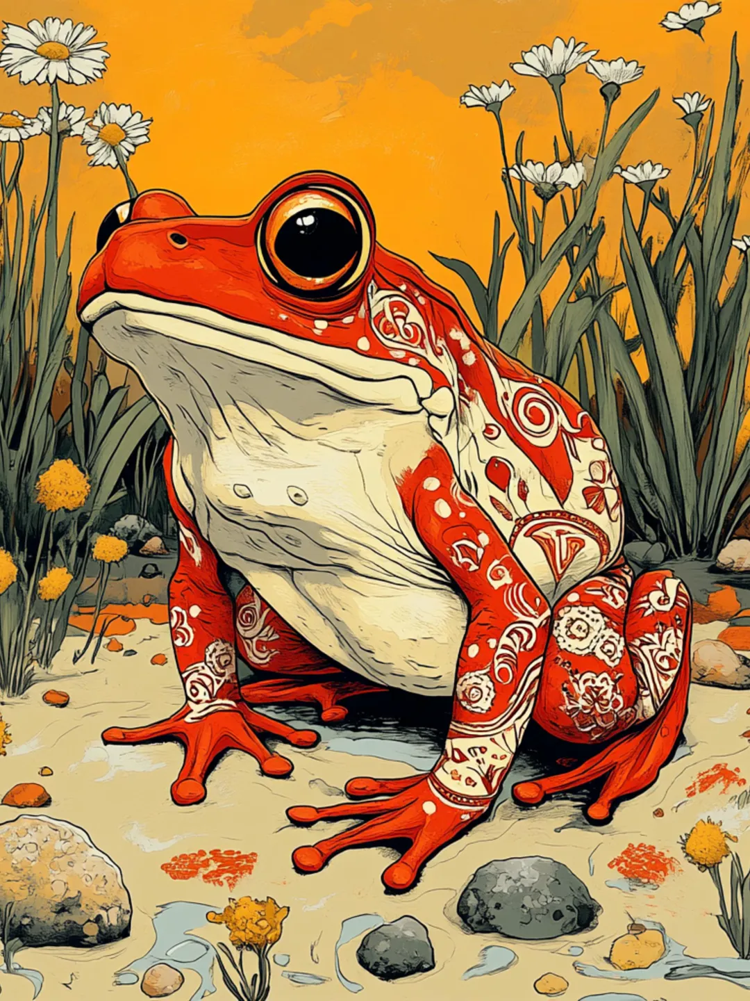 Large Square Frog Artwork, Orange Red Digital Frog Prints, 12 Digital ...