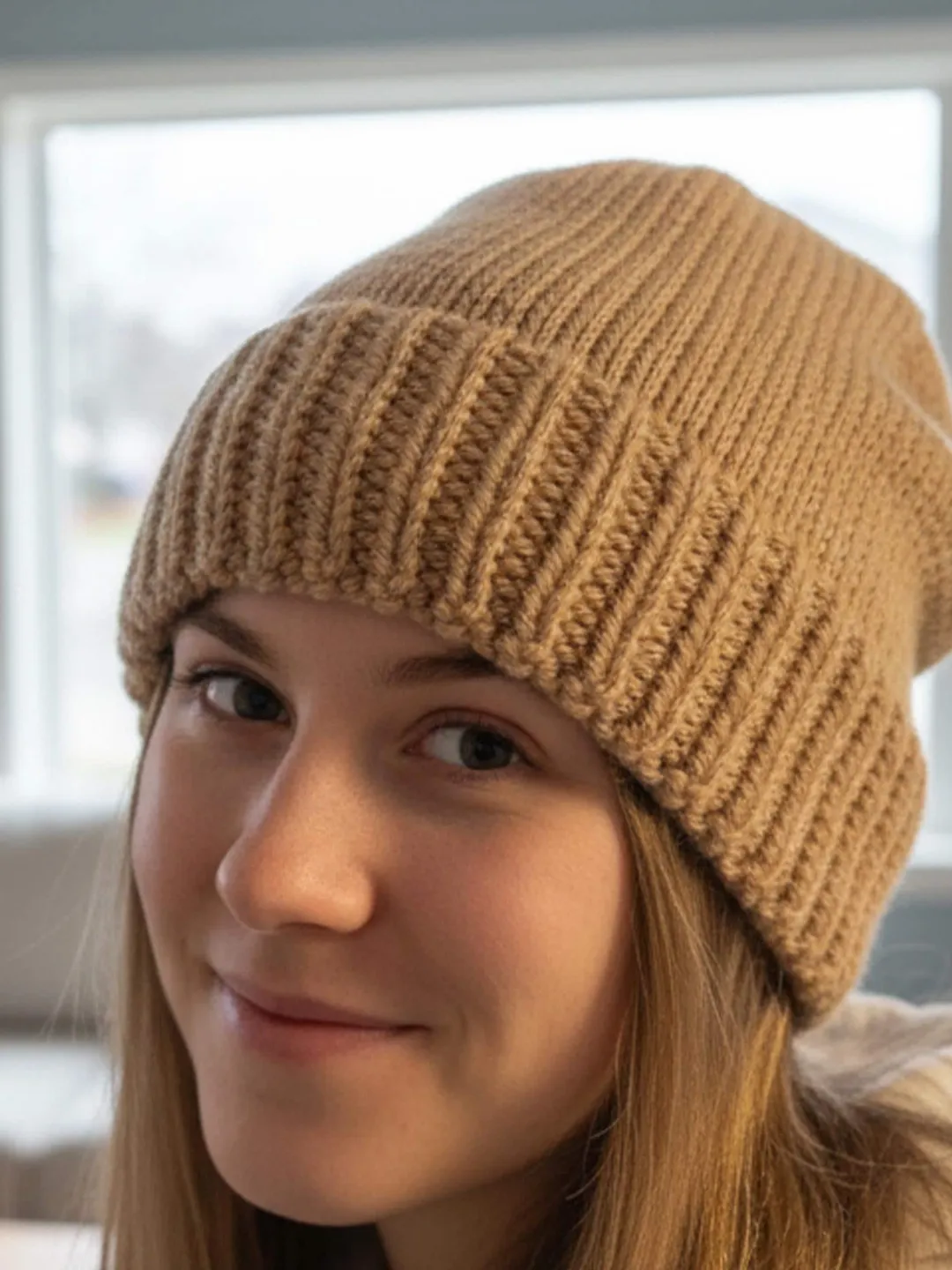Women\'s Slouchy Ribbed Knit Hat - Brown Slouchy Knit Hat Wool Blend Winter Beanie Brown Tan Cuffed  main image 4