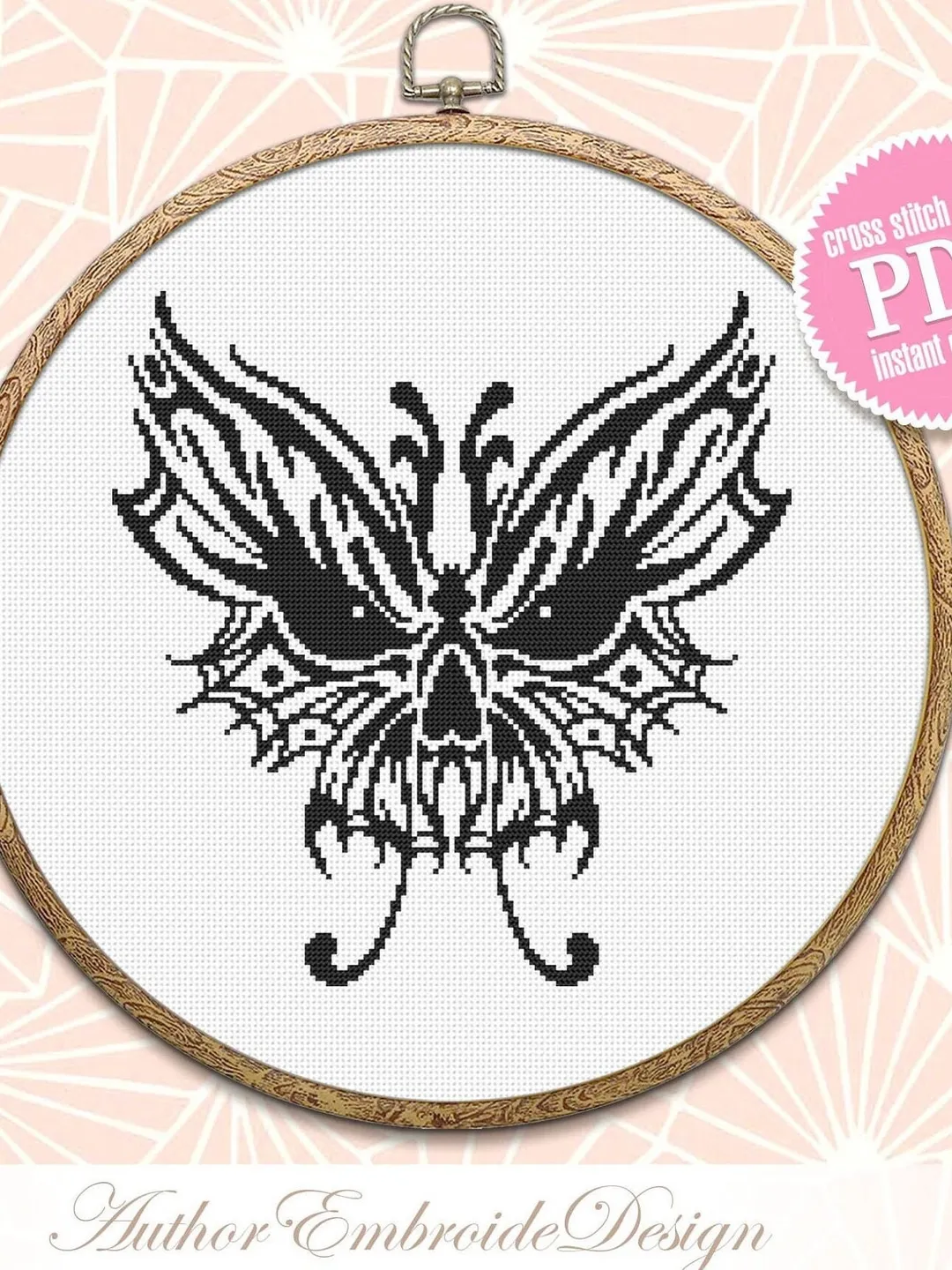 Skull butterfly cross stitch pattern PDF download Gothic skull cross stitch chart Spooky black butterfly embroidery PDF Halloween decor #H57
