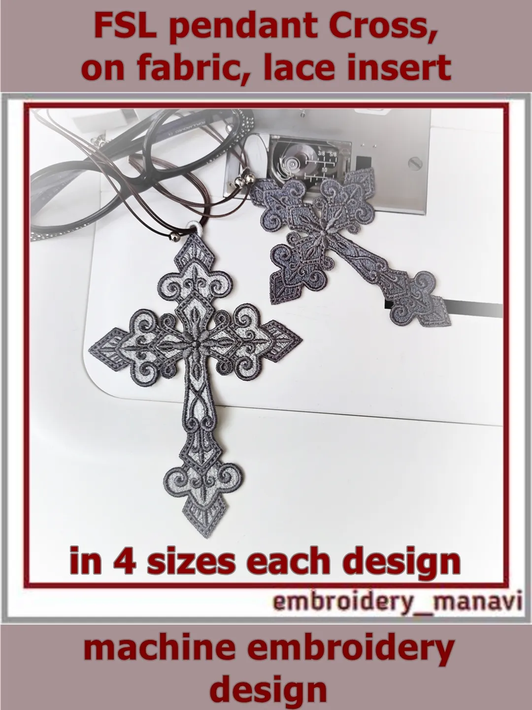 Religious Embroidery Design - FSL pendant Cross, on fabric, lace insert by Embroidery Manavi 05