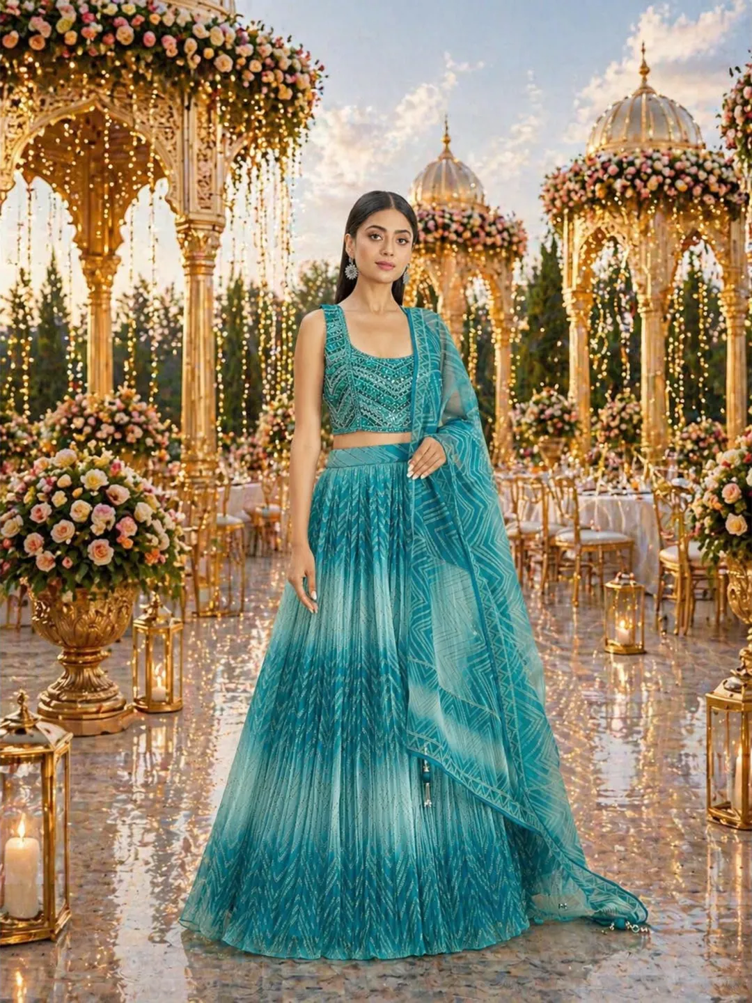 Blue Organza Lehenga Choli For Women: Sequin Embroidery, Indian Wedding Wear Ready To Wear