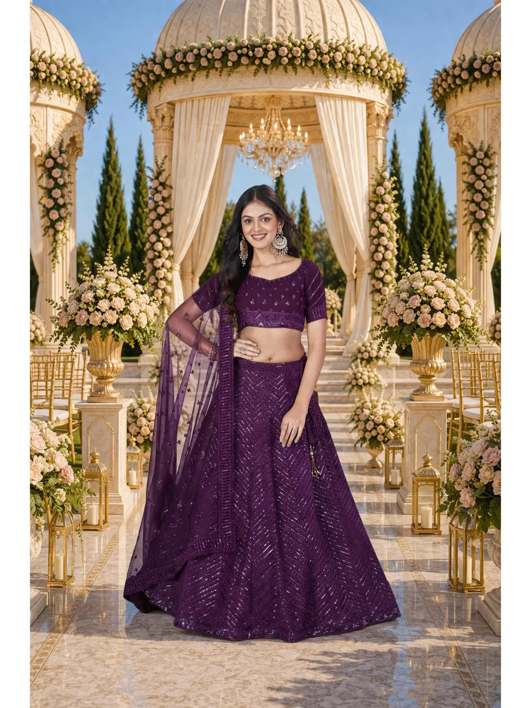 Plum Sequin Ready To Wear Lehenga Choli: Indian Wedding Wear