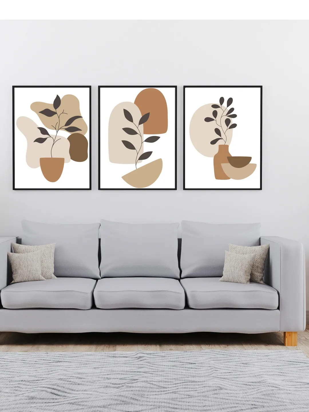 Boho Abstract Botanical Wall Art Set of 3 Prints, Neutral Beige Brown ...