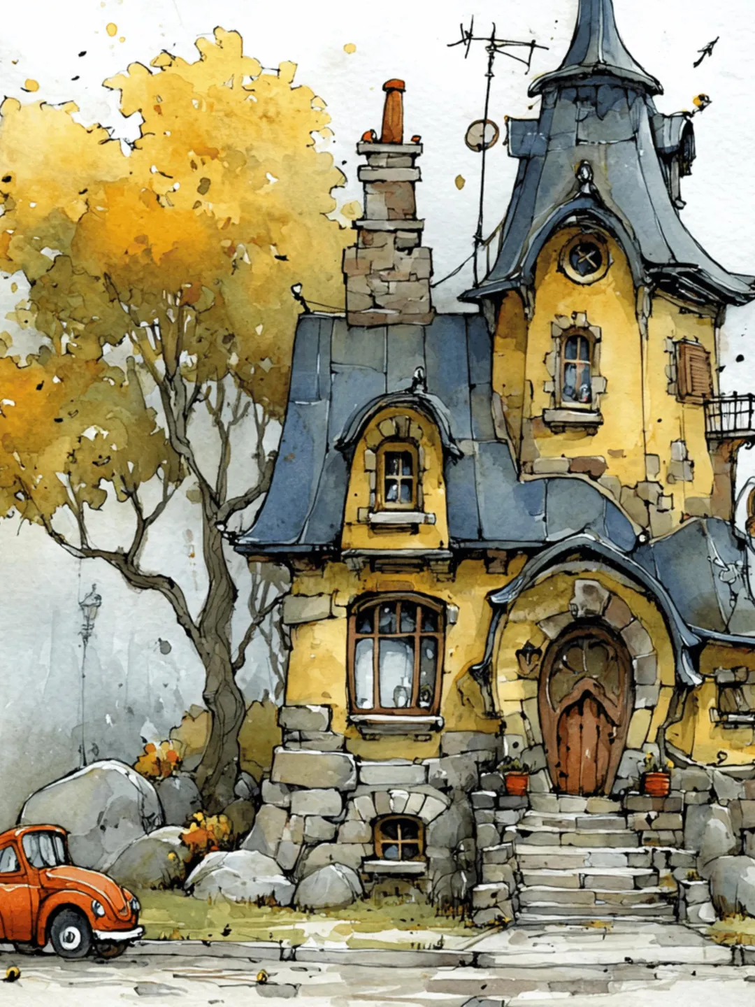 24 Whimsical Storybook Cottage Village Art Collection with Autumn Trees ...