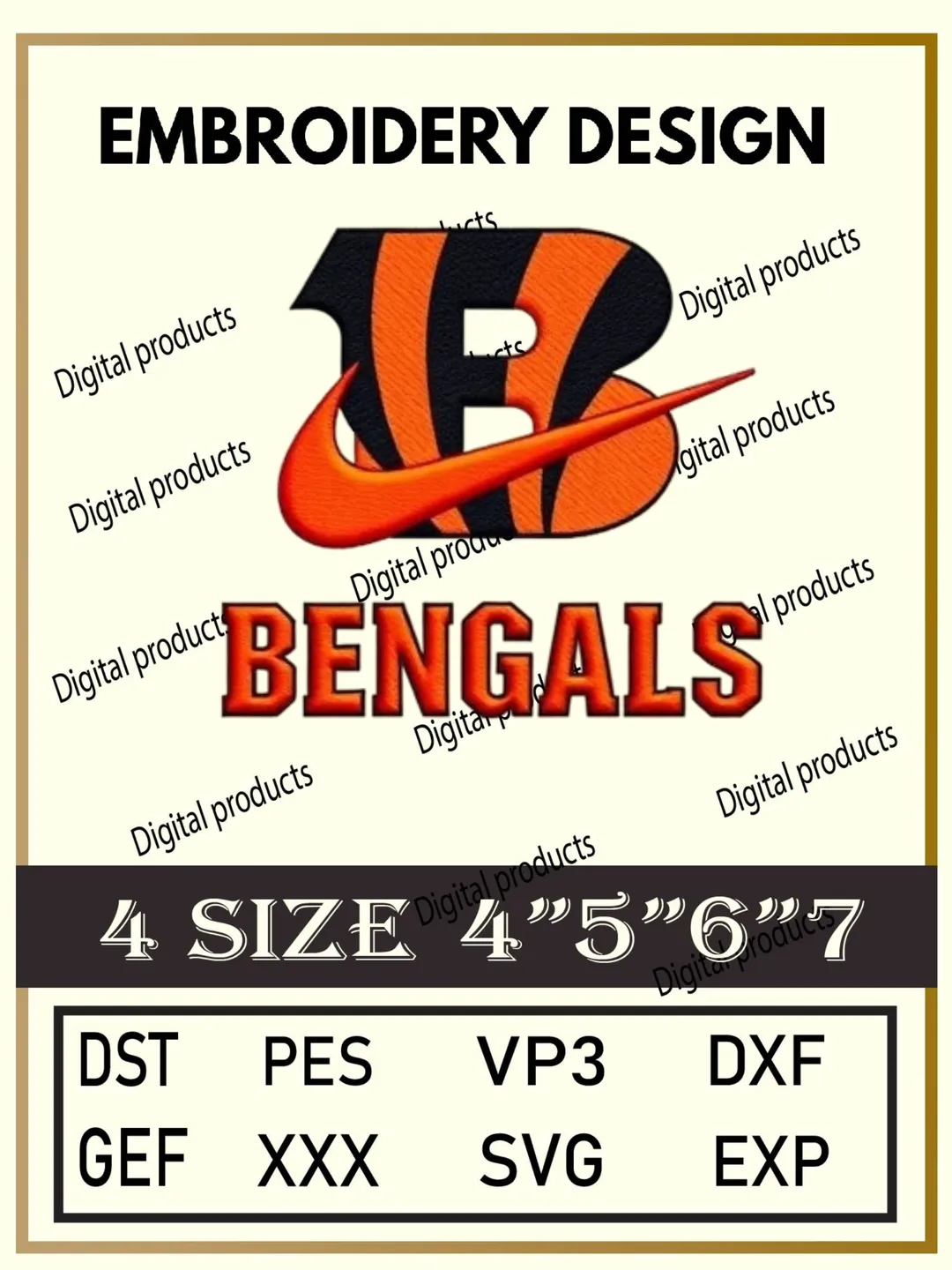 Cincinnati Bengals Embroidery Design Digital Logo Pattern with Stylized B and Tiger Stripes for Machine Embroidery Projects in Four Sizes with Multiple Compatible Formats Including DST, PES, VP3, DXF, GEF, XXX, SVG, EXP Download