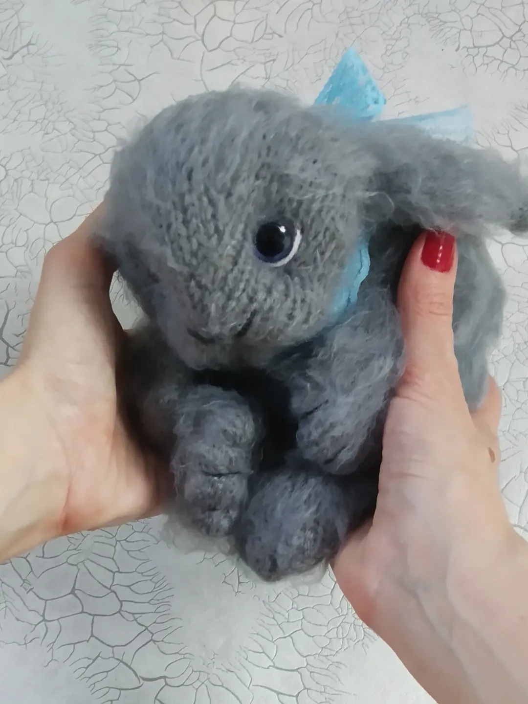 soft realistic bunny, soft fat rabbit fluffy toy gray bunny, knitted plush rabbit, fluffy stuffed rabbit with bow